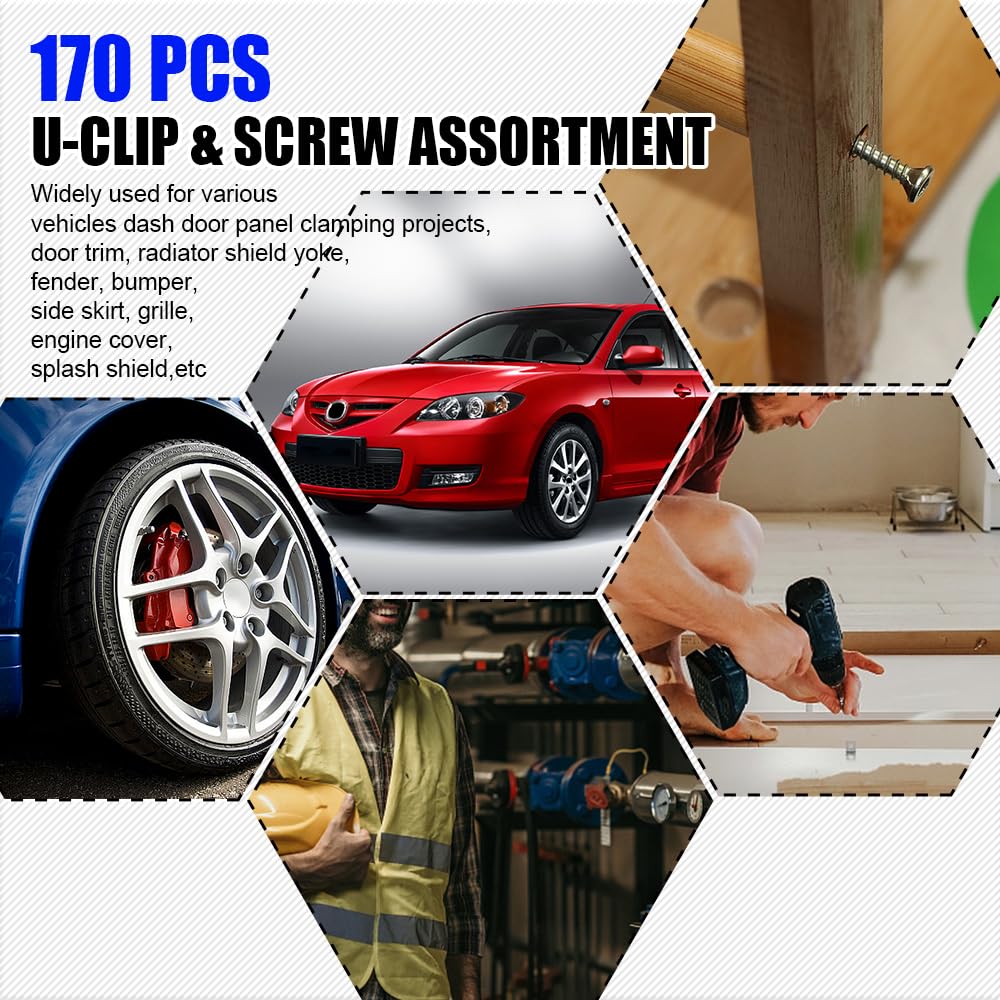 170PCS Automotive Screws and Clips Assortment Kit, Car U-Clip and Screw Assortment Kit, 9 Different Sizes Automotive U Nut and S
