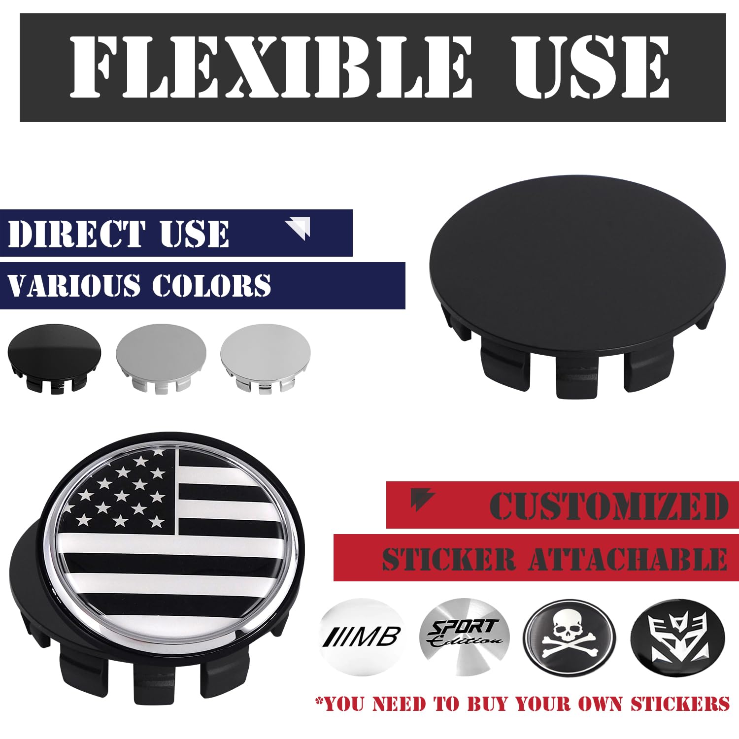 KitsPro Wheel Center Caps, 2.4Inch (62MM Outer, 56MM Inner) - Matte Black, Pack of 4, Plastic, Model KP-WCC