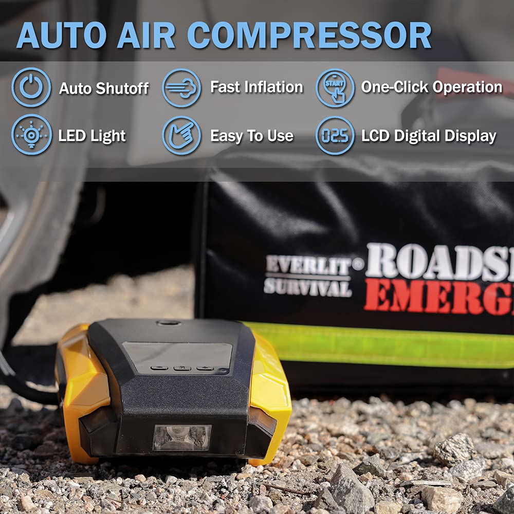 EVERLIT Survival Car Emergency Kit with Air Compressor, Jumper Cables, Flashlight - Multicolor, Essential Roadside Safety Tools