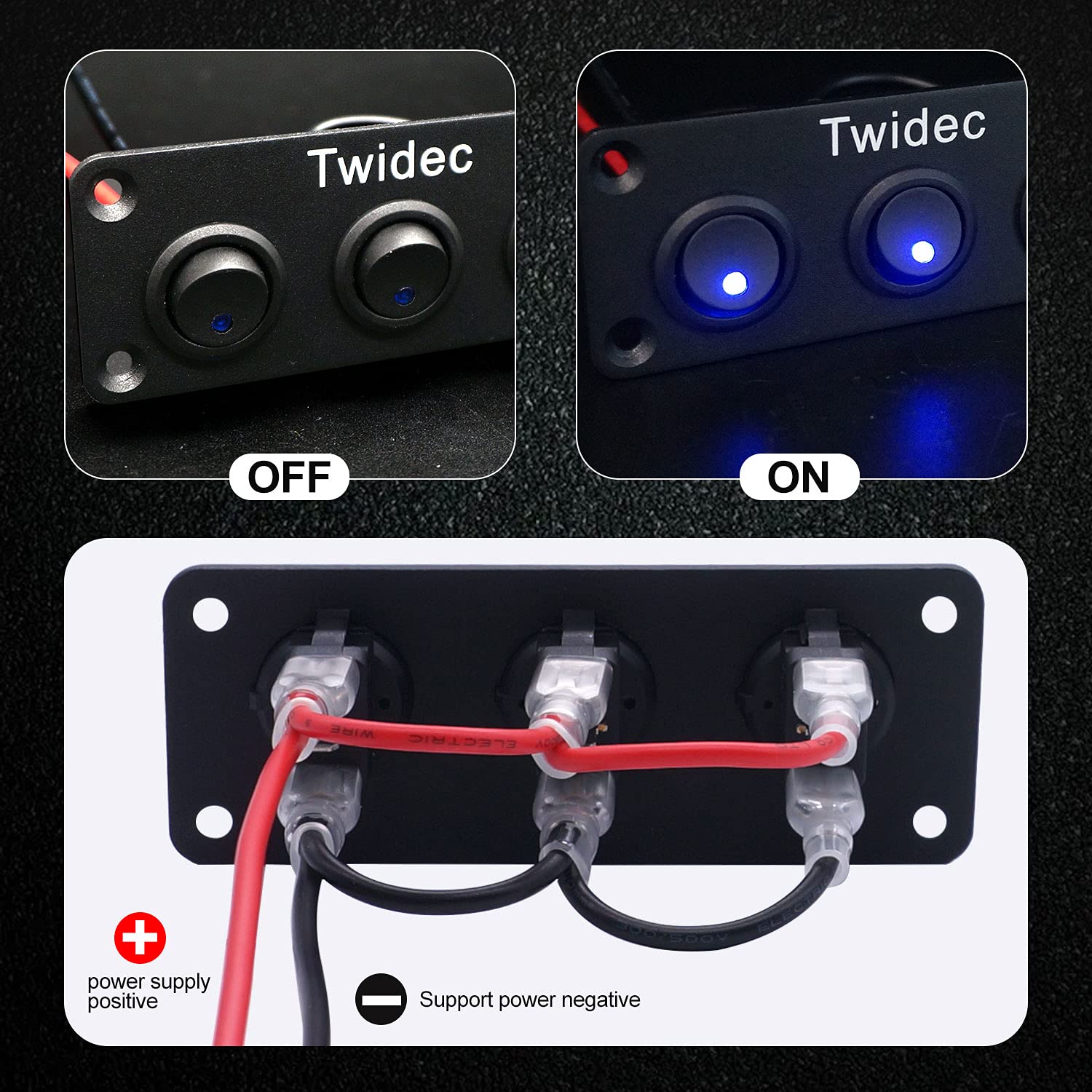 Twidec/3 Gang Rocker Toggle Switch Panel with 12V DC Round Dot Lighted 20A 3 Pins ON/Off SPST Switch Control for Car Or Boat Blu