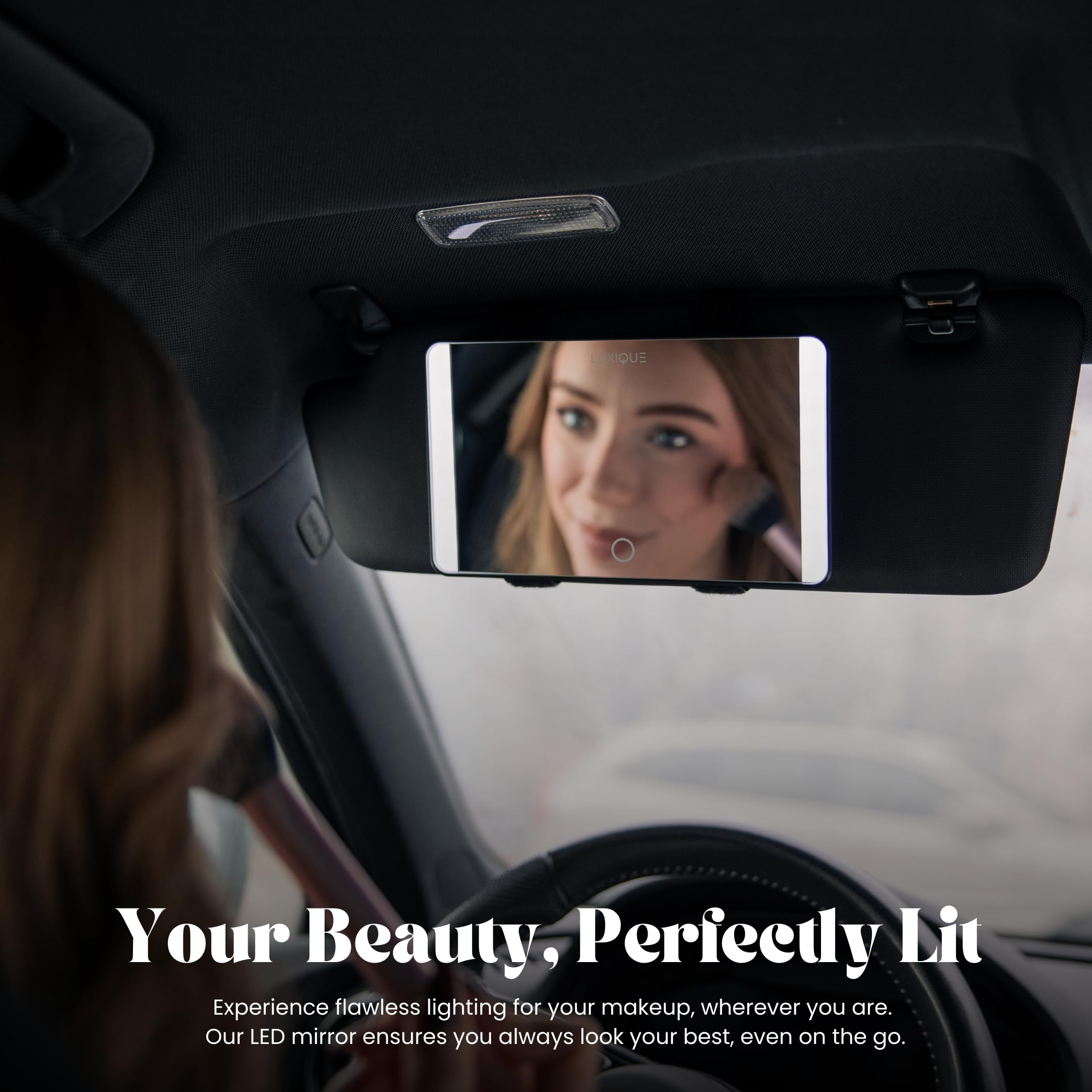 Rechargeable LED Sun Visor Mirror - 3 Dimmable Light Modes, Portable Makeup and Vanity Mirror, Weather-Resistant, Detachable Sta