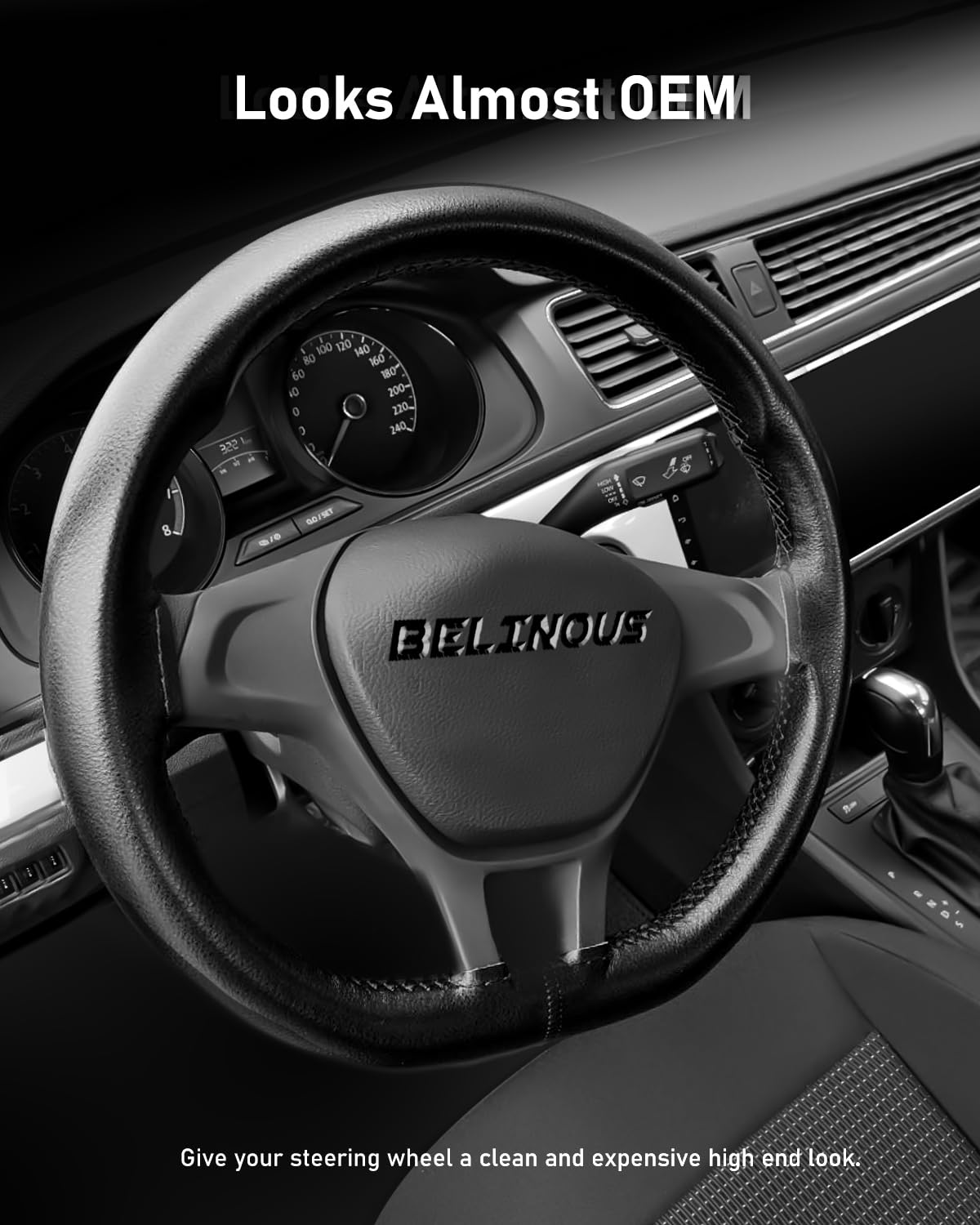 BELINOUS Leather Steering Wheel Cover, Universal Fit 13-24 inch, Size S0, Black, DIY Stitch with Needle Thread, Model BELINOUS-SC01-SDDDD-C8