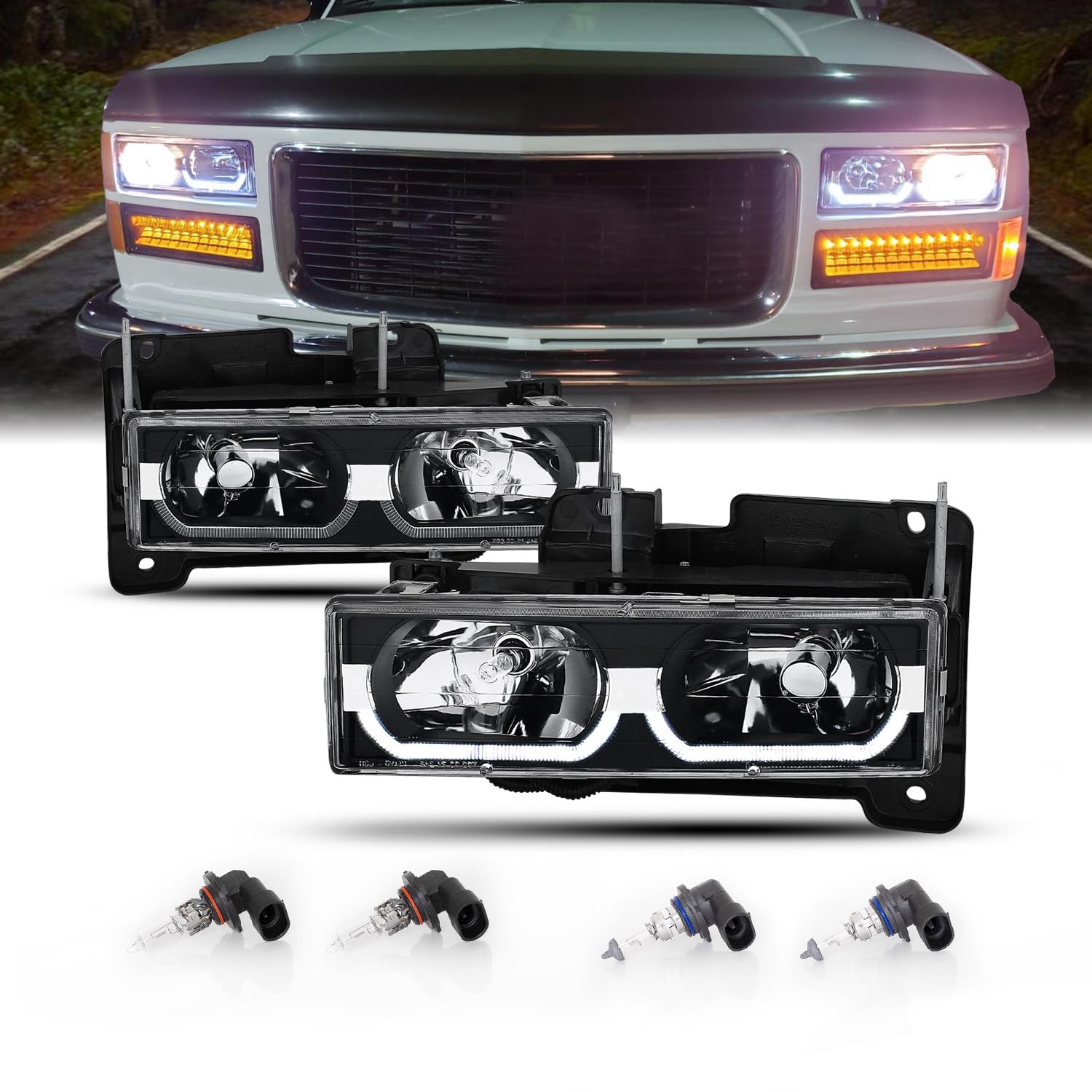 Amerilite Replacement Halogen Headlights Led Halo Bar For Chevy/Gmc Fullsize Truck;Suv - Passenger And Driver Side, Vehicle Light Assembly, Black