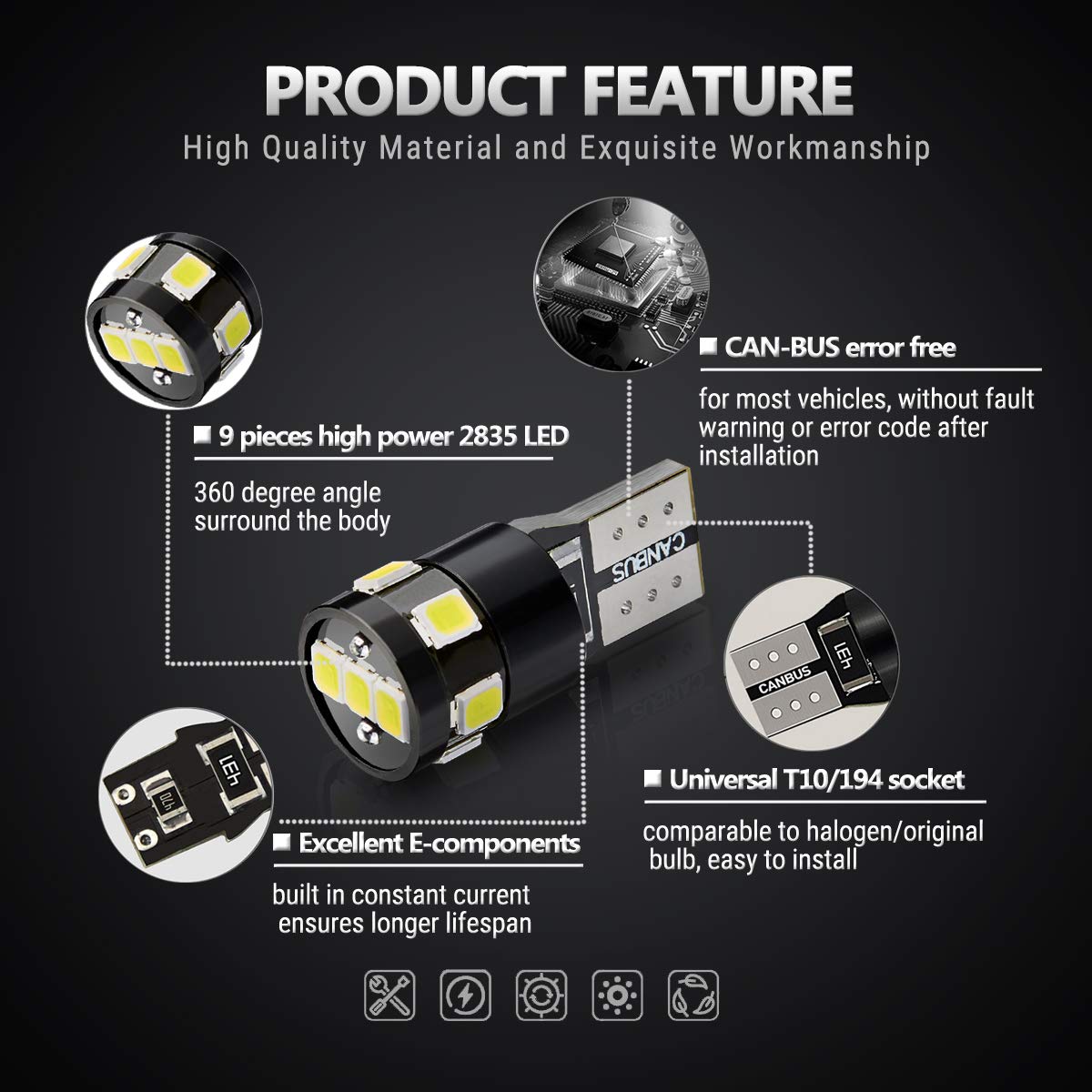 Antline 194 168 2825 W5W T10 LED Bulbs Xenon White, Ultra Bright Error Free 9-SMD 2835 Chipsets 6000K Replacement for Car Interi