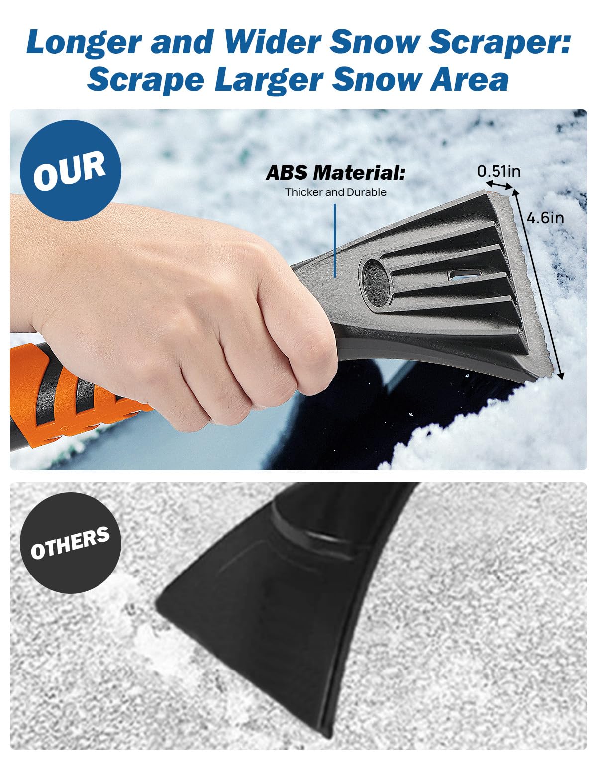JOYTUTUS Extendable Snow Brush and Ice Scraper, 41.5" Telescoping, 270° Pivoting, Heavy Duty, Foam Grip, Blue, Model 2904-
