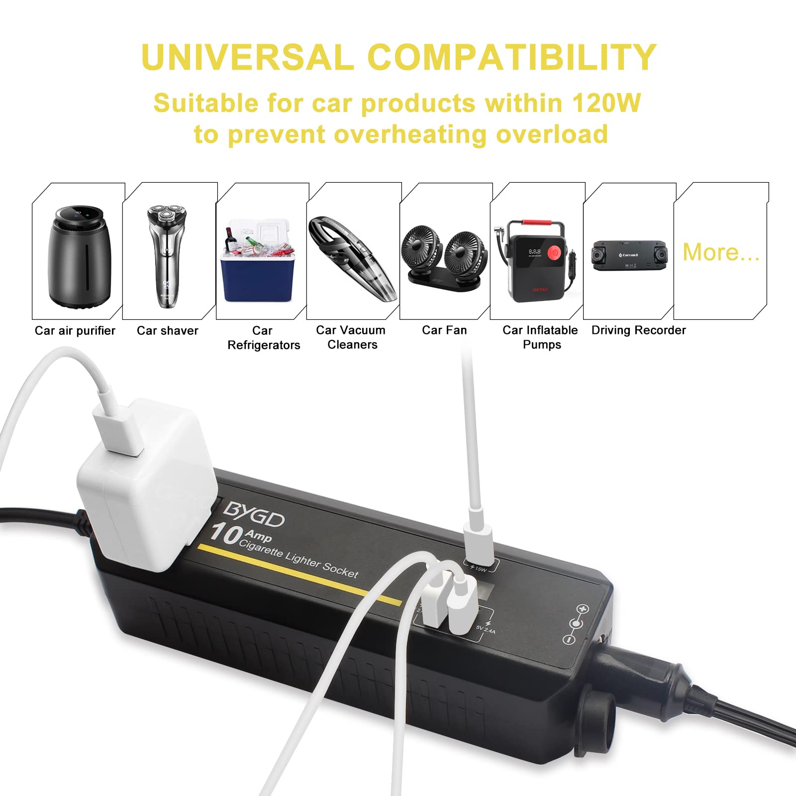 Bygd 4 In 1 Ac To Dc Converter, 120W Adapter 12V 10A Car Cigarette Converter Lighter Socket Cigarette Lighter Socket Power Adapt