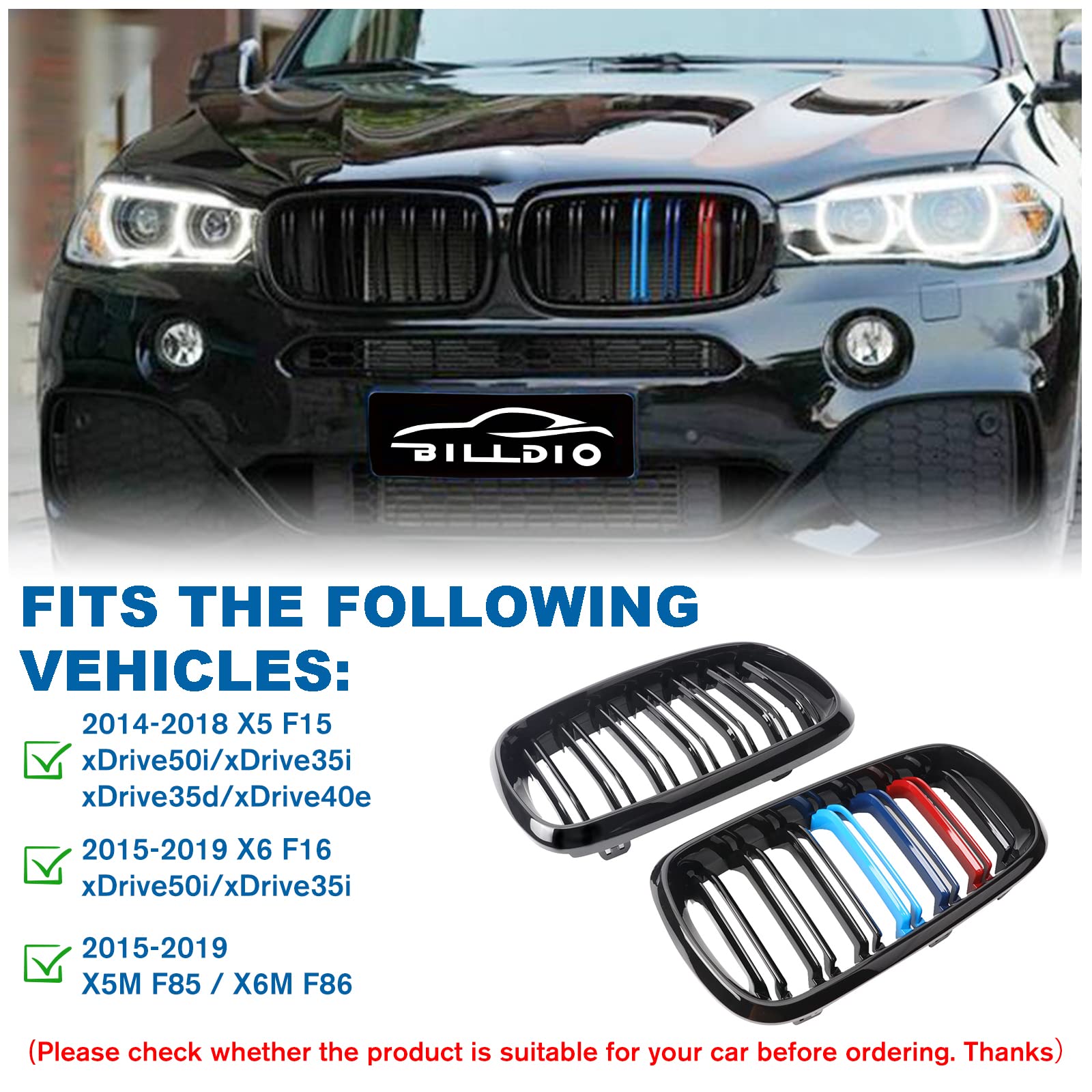 BILLDIO F15 Grill Double Slats Gloss Black ABS Compatible with 2014-2018 X5 F15 X6 F16