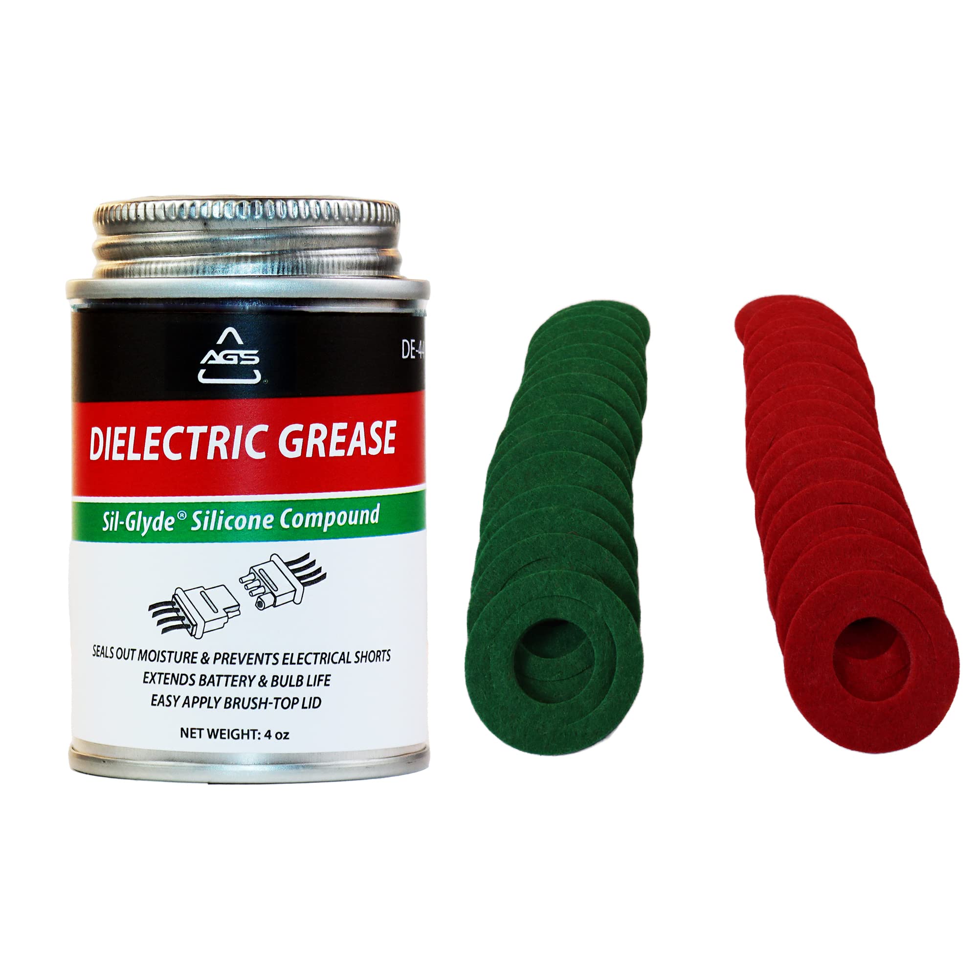 AGS Company Dielectric Silicone Grease Compound - 4oz Brush Top Can with 30 Battery Terminal Washers, Automotive Battery Kit, 10