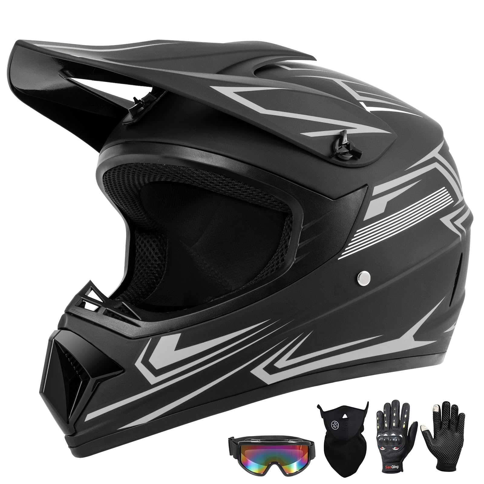Youth Kids Dirt Bike Motocross Helmet (Goggles Gloves Face Mask) 4PCS Set, DOT Approved Boys Full Face Motorcycle Helmets, ATV B