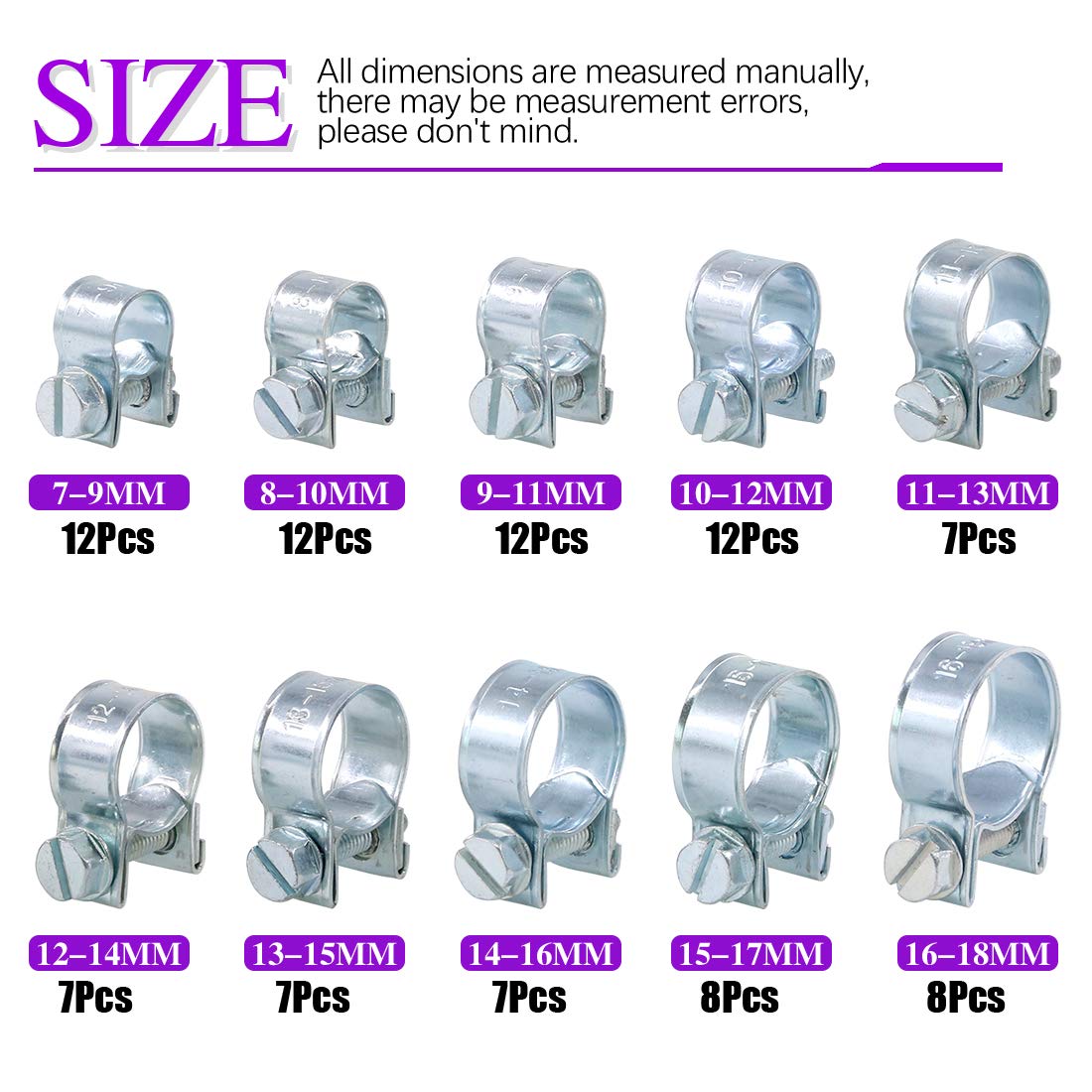 Swpeet 92Pcs 10 Sizes Zinc Plated Mini Fuel Injection Line Style Hose Clamp Assortment Kit Perfect for Automotive, Agriculture,