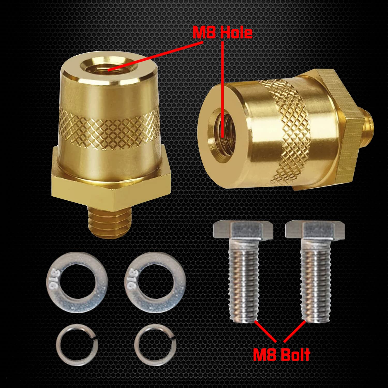 Ampper M8 Thread Male Brass Battery Charging Post Terminals, M8 Battery Post Adapter (+/-) With Top Bolts For Extension, Pack Of