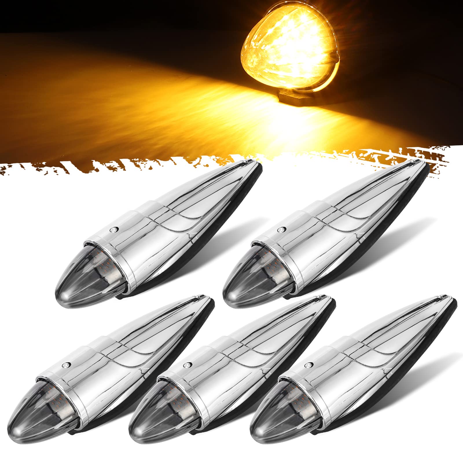 Partsam 5Pcs 21Led Smoke Torpedo Cab Marker Roof Running Top Lights Assembly Super Bright Chrome Heavy Duty Trucks Lights Replacement For International Kenworth/Peterbilt/Freightliner/Mack