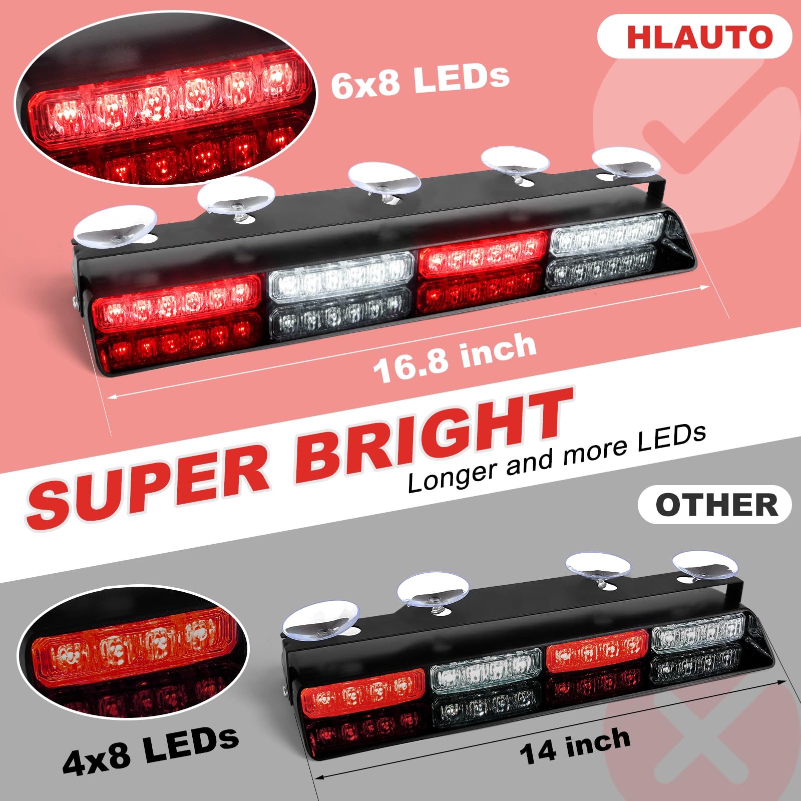 HLauto Emergency Dash Strobe Lights - 48 LED Red/White Traffic Light Bar, 16.8" for Trucks & Construction Vehicles, Model CA-6Z4J RW-RW