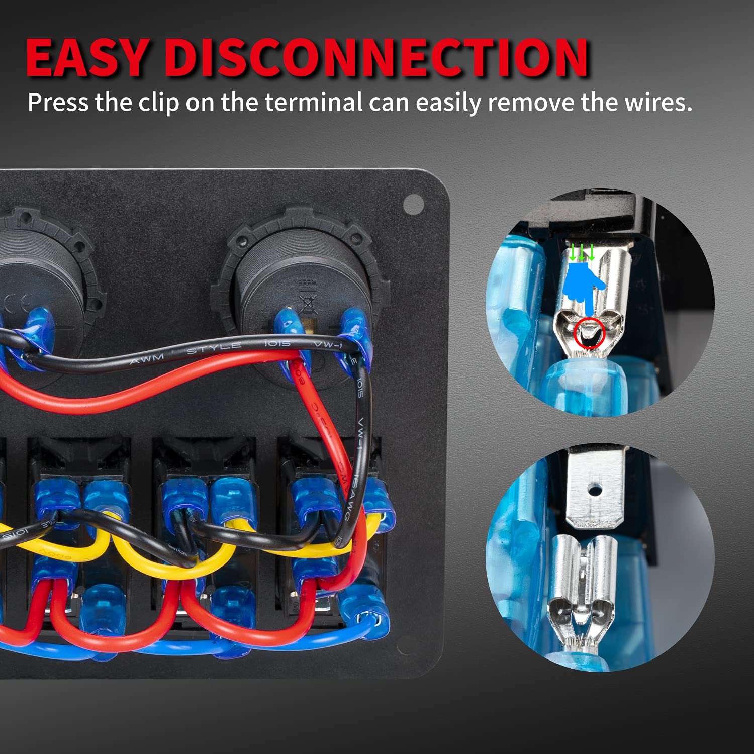 DAIERTEK 6 Gang Marine Rocker Switch Panel, Waterproof 12V with Blue LED, USB, Cigarette Lighter, Voltmeter - Boat/Car/RV/UTV