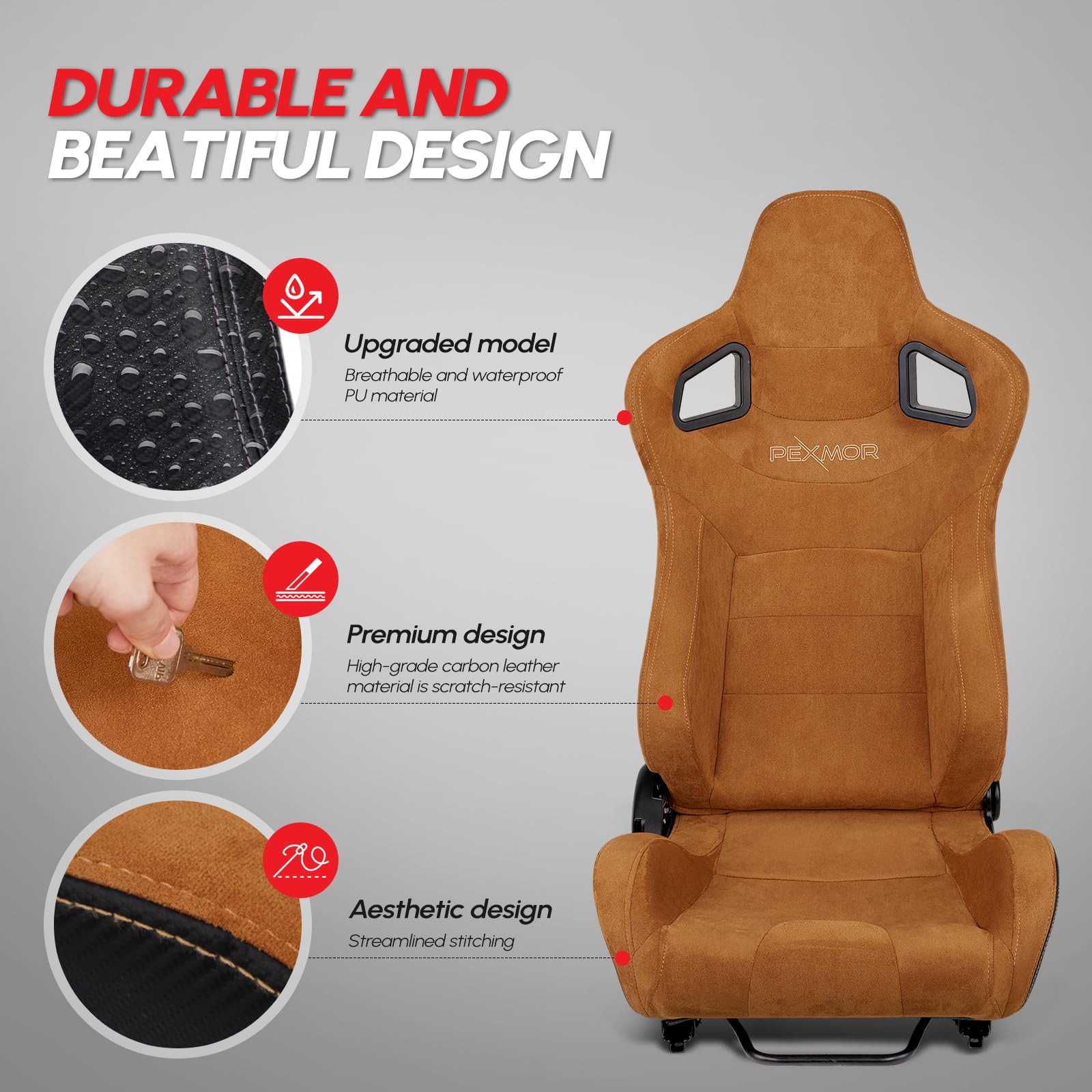 PEXMOR 2 Pcs Reclinable Universal Racing Bucket Seats w/Dual Slider, PU & Carbon Leather Adjustable Race Seats for Cars, Driver