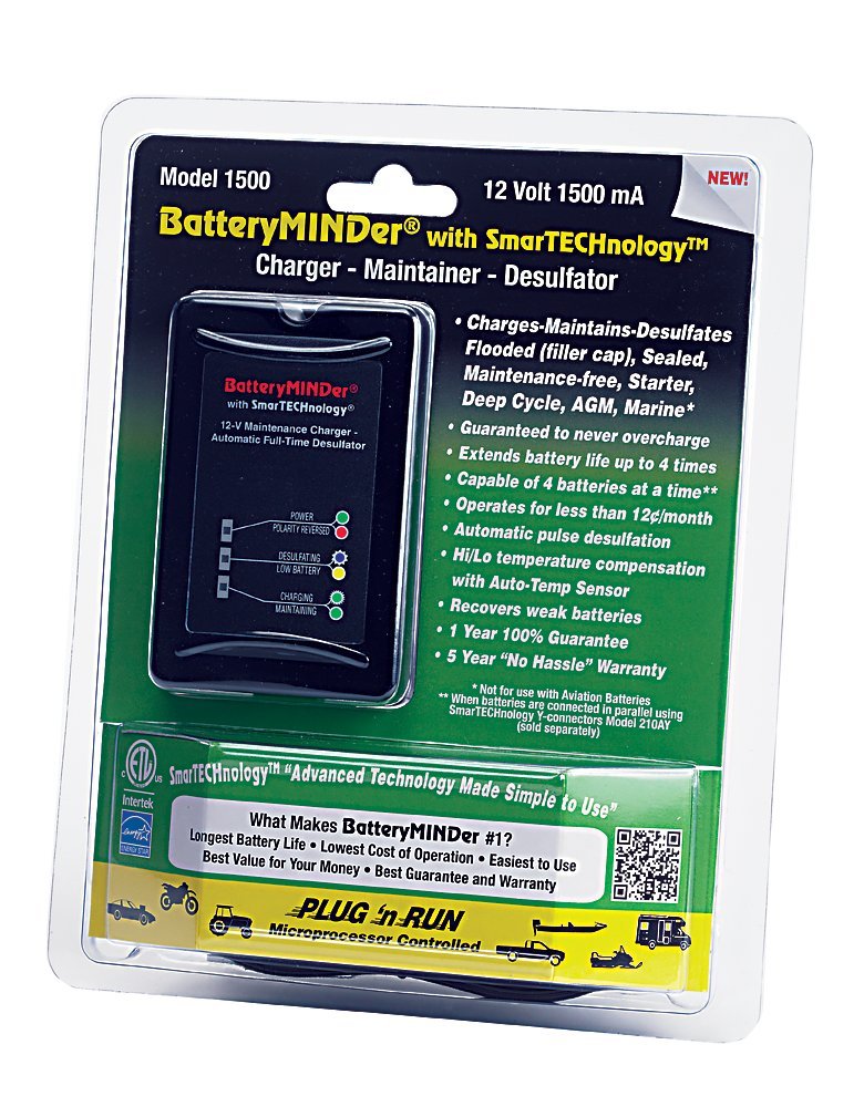 BatteryMINDer 1500 Battery Charger & Maintainer - 12V, 1.5A, Black, SmartTECHnology for Cars, Trucks, Boats, Motorcycles, Golf C