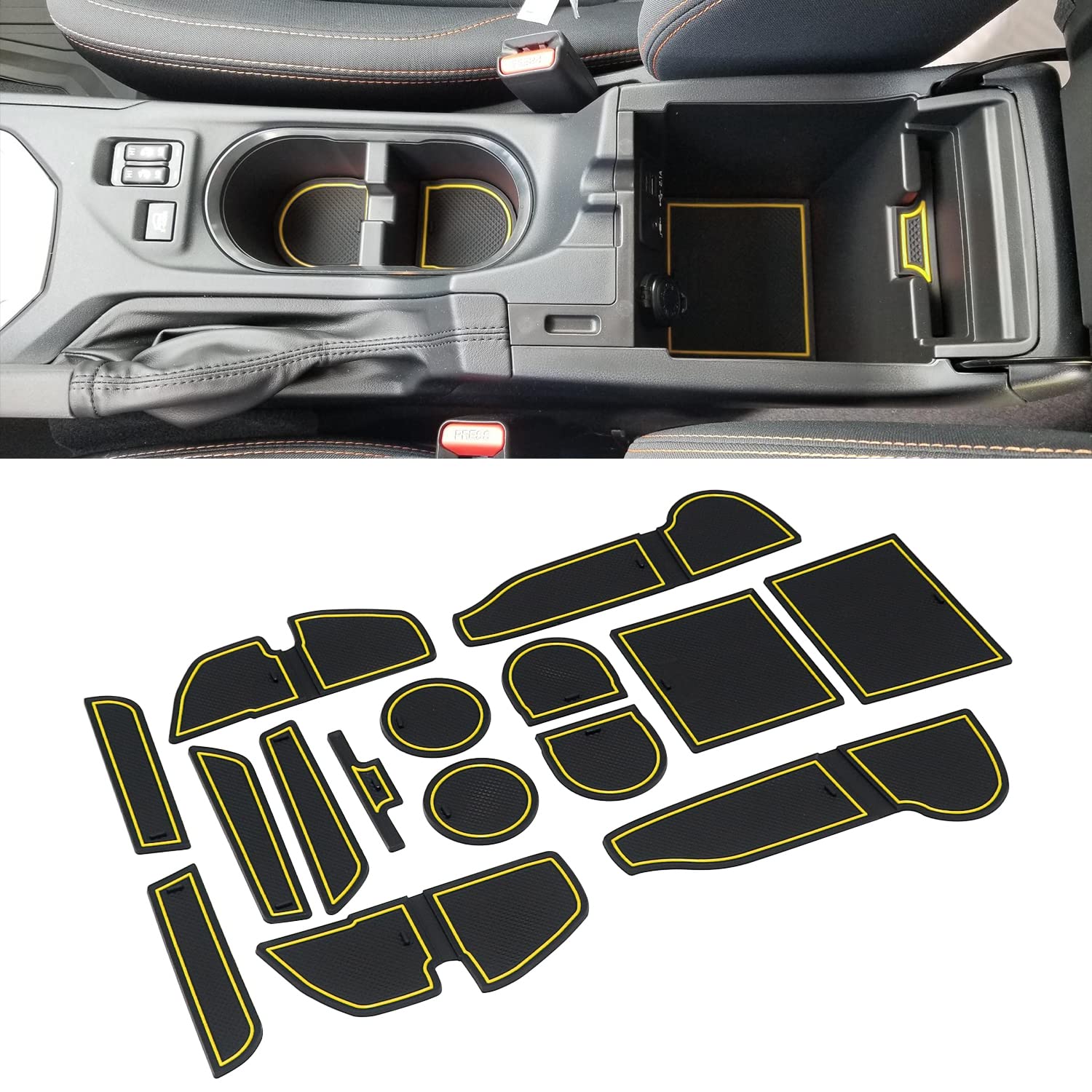 Mochent Cup Holder Insert For Subaru Crosstrek 2023 2022 2021 2020 2019 2018 And For Subaru Impreza 2017-2023 Center Console Mat Non-Slip Door Pocket Liners Interior Accessories (Yellow)