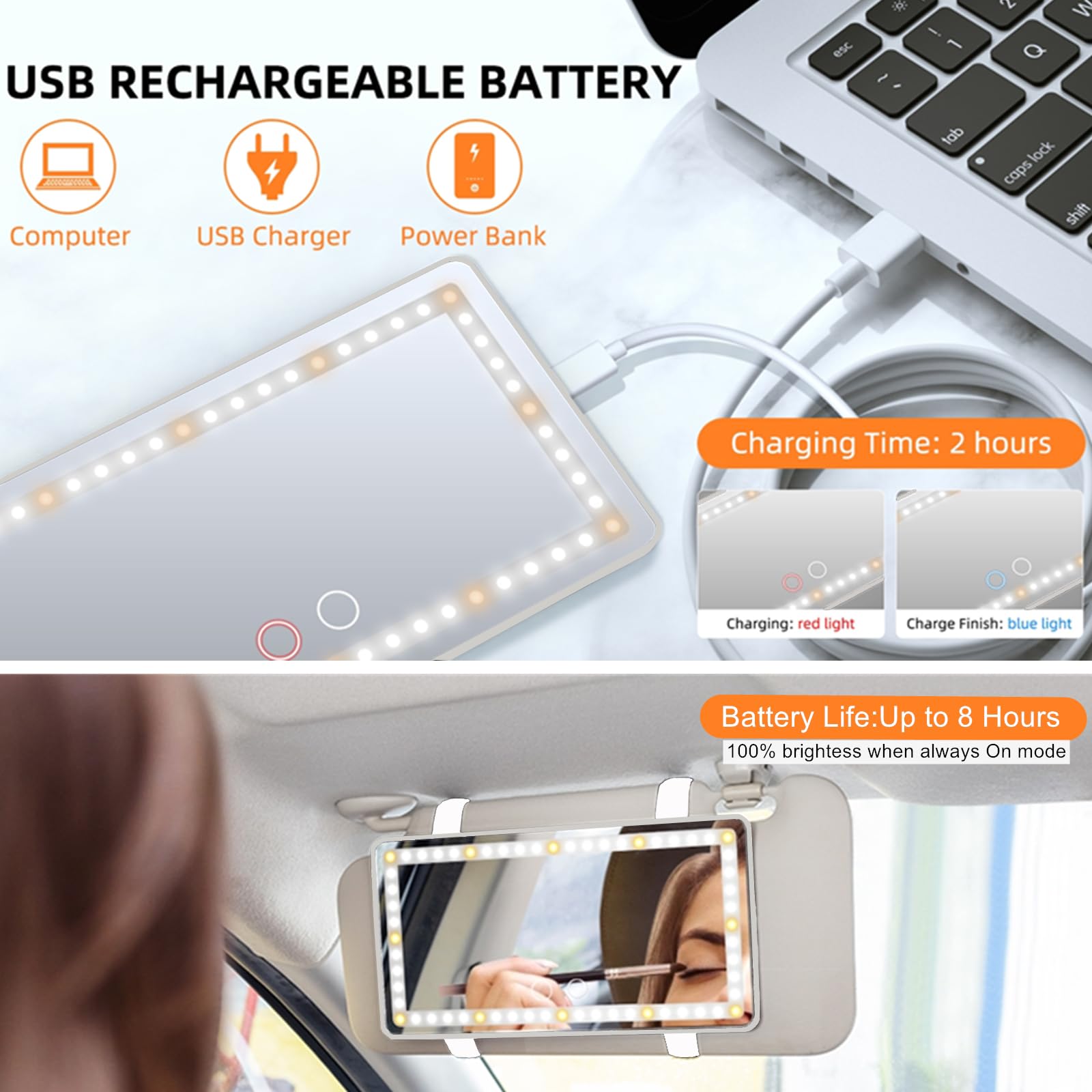 Car Sun Visor Vanity Mirror, Rechargeable Makeup Mirrors With 3 Light Modes & 60 Leds- Dimmable Clip-On Rear View Sun-Shading Co