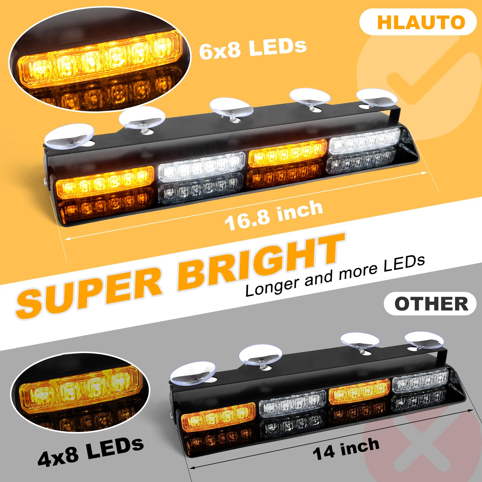 HLauto Emergency Dash Strobe Lights - 2x16.8" Amber/White LED Safety Light Bars, Model CA-6Z4J, ABS Case, for Trucks & Construction Vehicles