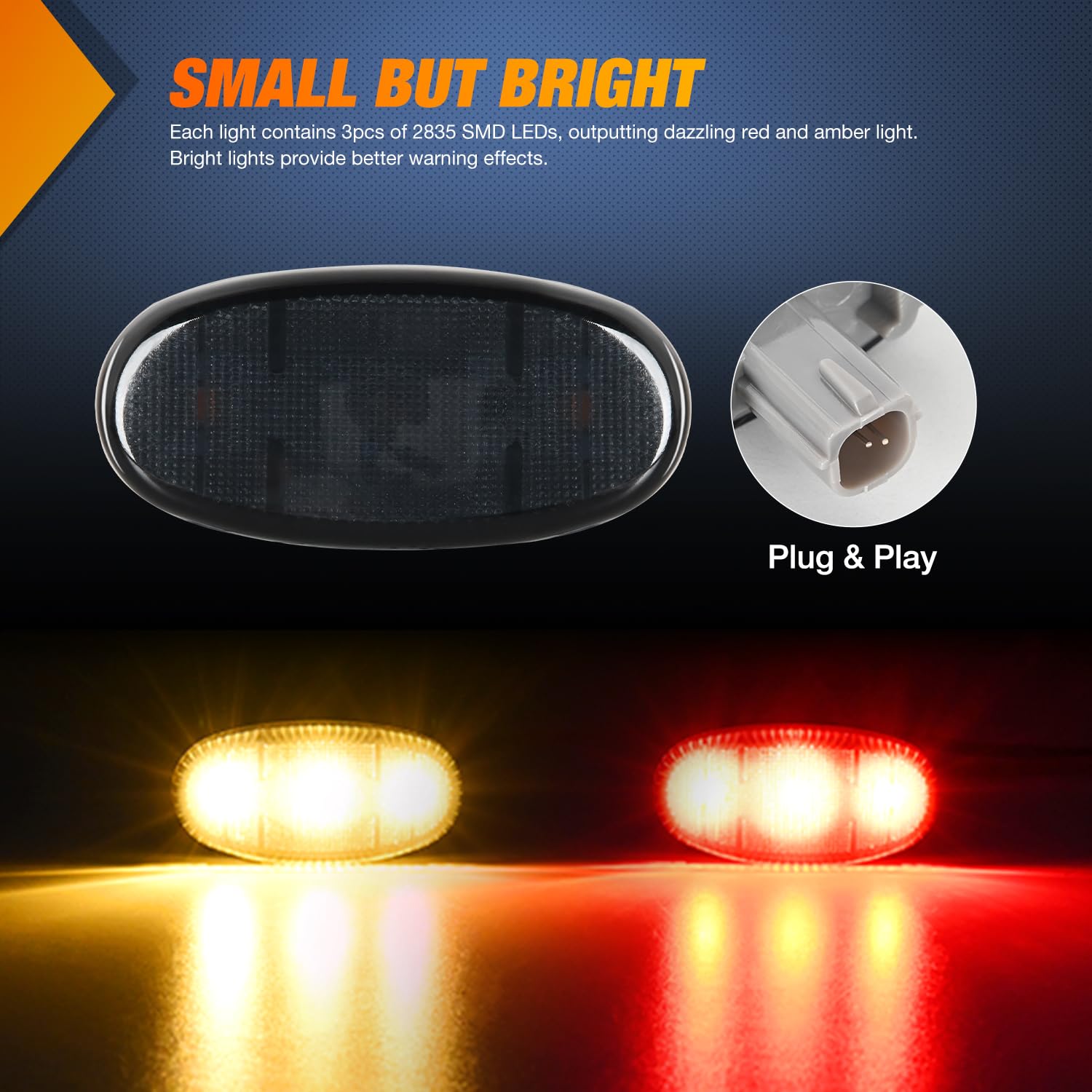 Nilight Wheel Fender Side Marker Lights 4 Pcs 3 Led Red Amber Front Rear Fender Clearance Light Smoked Lens Plug And Play Compat