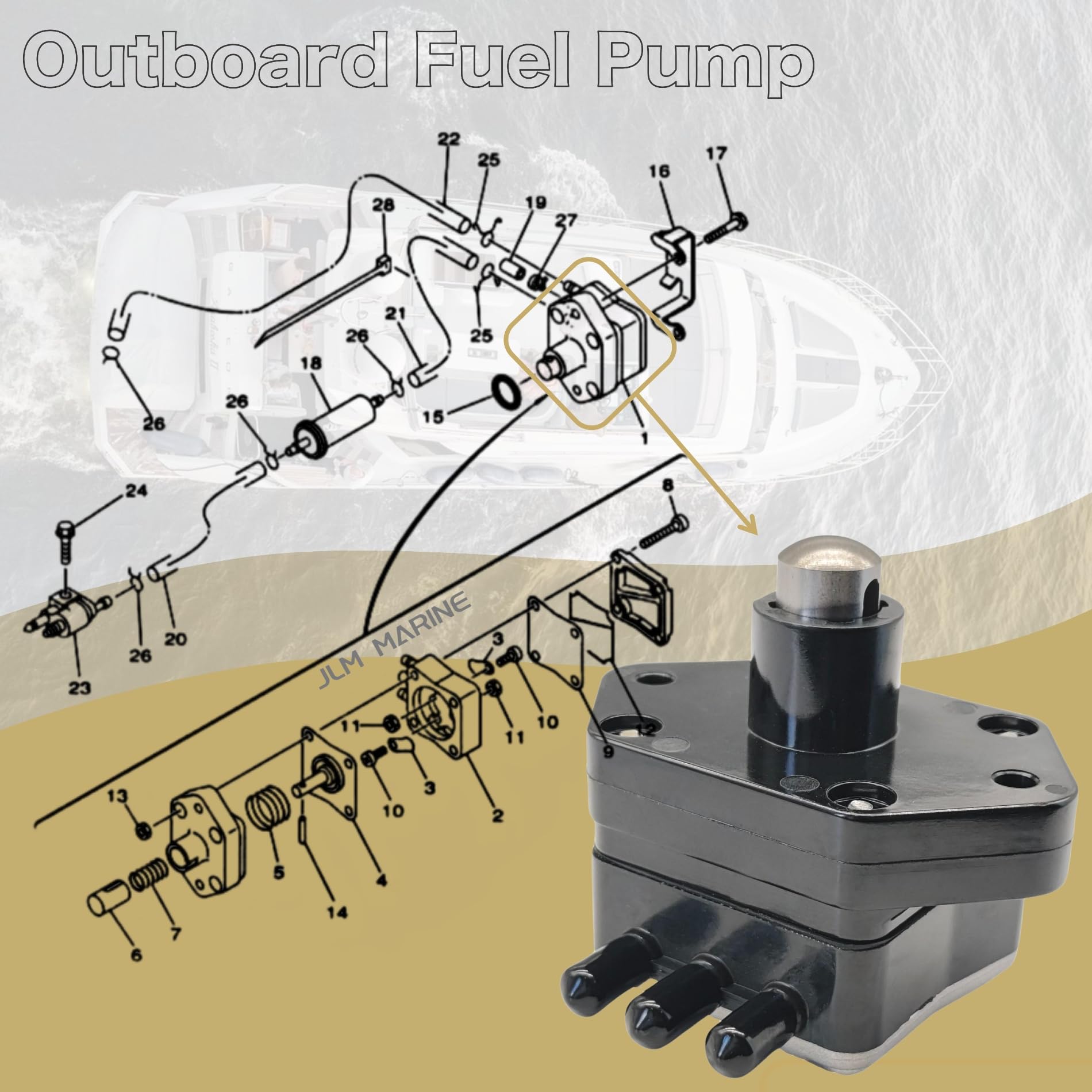 Jlm Marine 62Y2441004 Fuel Pump For Yamaha And Mercury 4 Stroke F 25 30 35 40 45 50 55 60 Hp Outboard Motor 62Y-24410-02 826398A