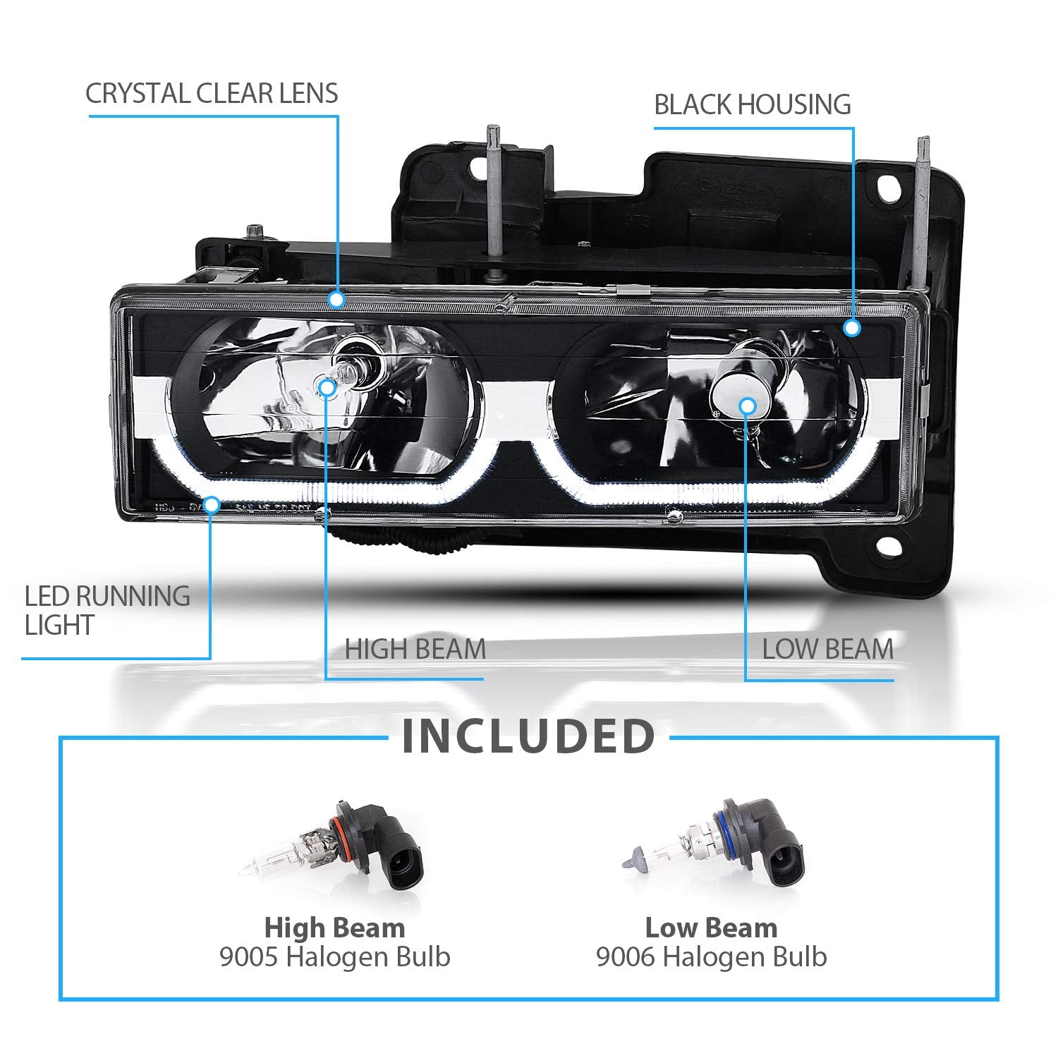 Amerilite Replacement Halogen Headlights Led Halo Bar For Chevy/Gmc Fullsize Truck;Suv - Passenger And Driver Side, Vehicle Light Assembly, Black