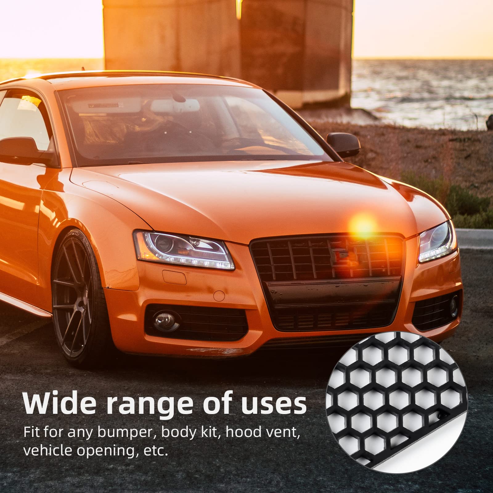 AggAuto Car Grill Mesh Insert - 47"x16" ABS Plastic Honeycomb Grilles, 10x10mm, Black, Model SW12BK2AABB