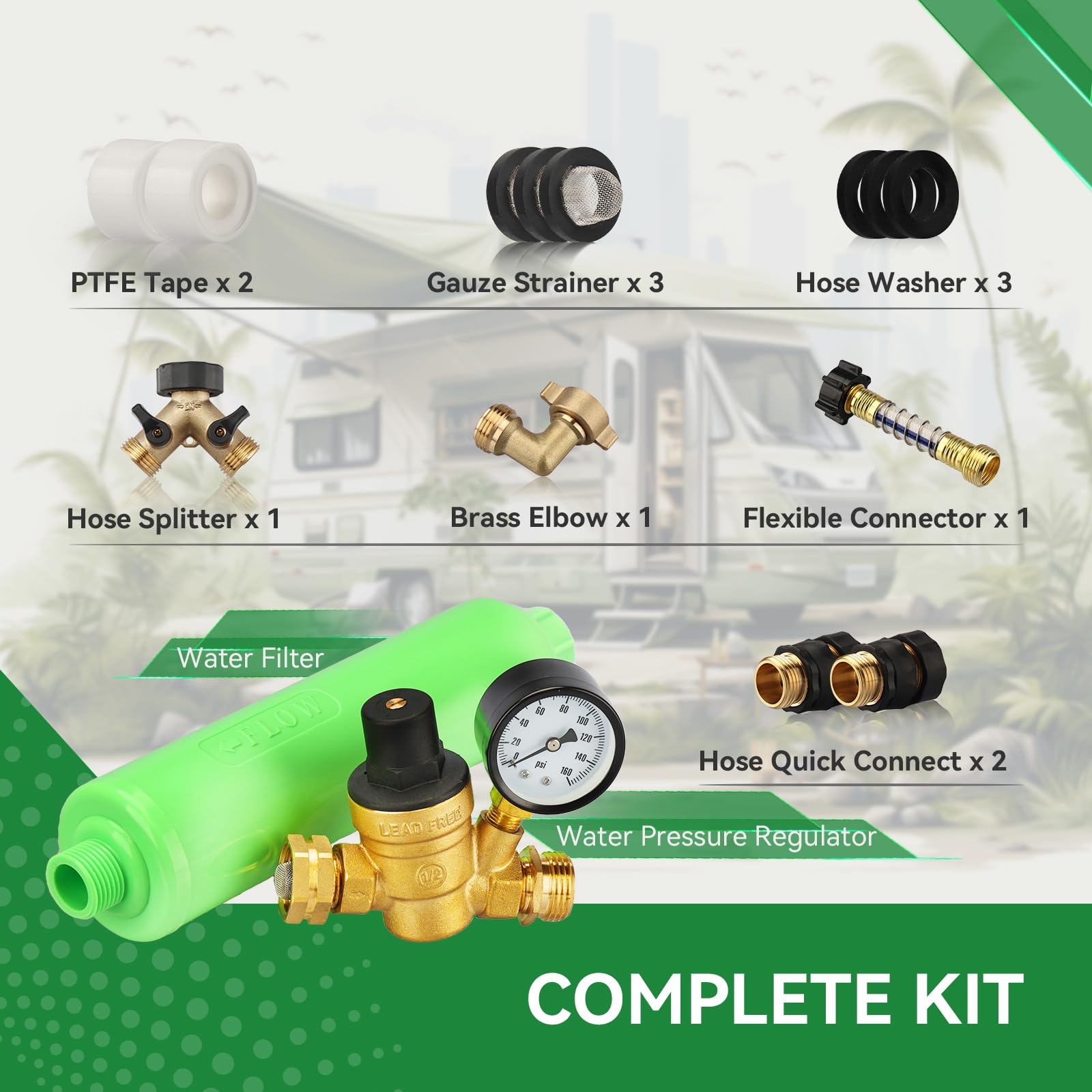 RVINGPRO RV Water Pressure Regulator and Filter Kit All-in-One Lead-Free Fresh Water Kit, Complete Drinking Water Hookup Kit for
