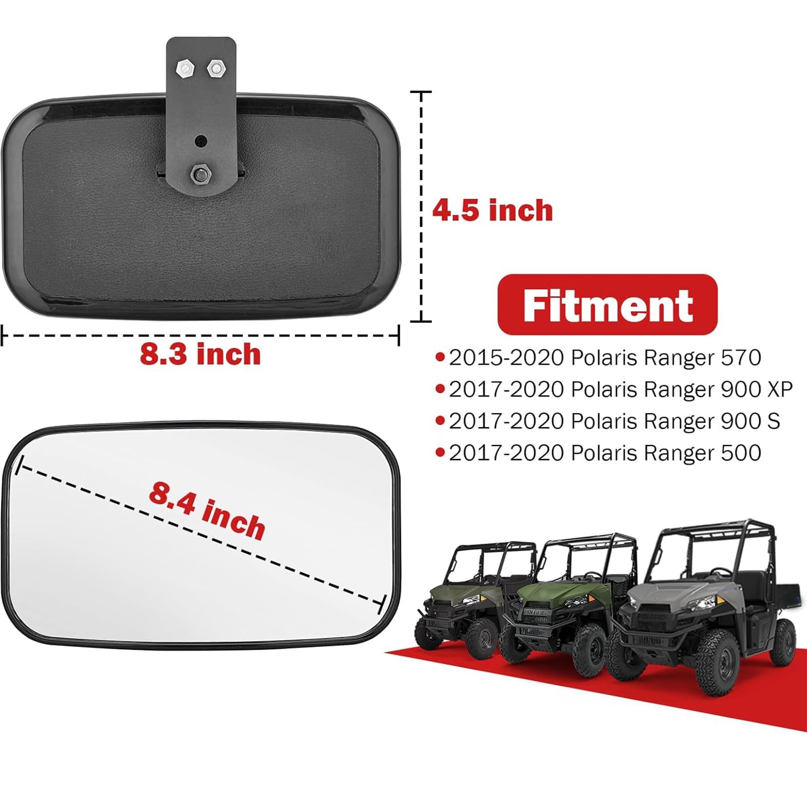 WSays Ranger Rear View Mirror, UTV Center Rearview Mirror Compatible with Polaris 2017-2024 Ranger 500 570 900 1000 XP Pro-Fit C