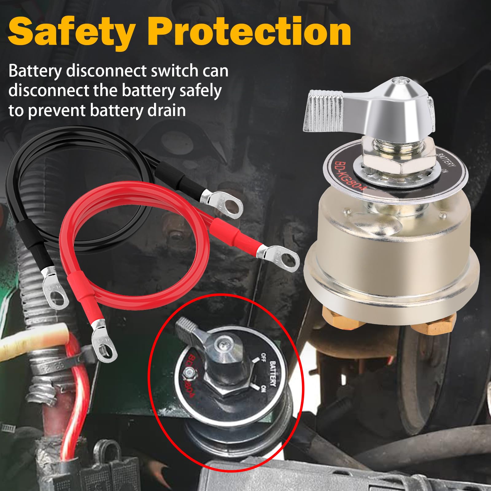 FEITON 12-48V 200A Battery Disconnect Switch & 4 AWG Cables Set, High Current Isolator for Car, RV, Truck, Boat, ATV - Aluminum