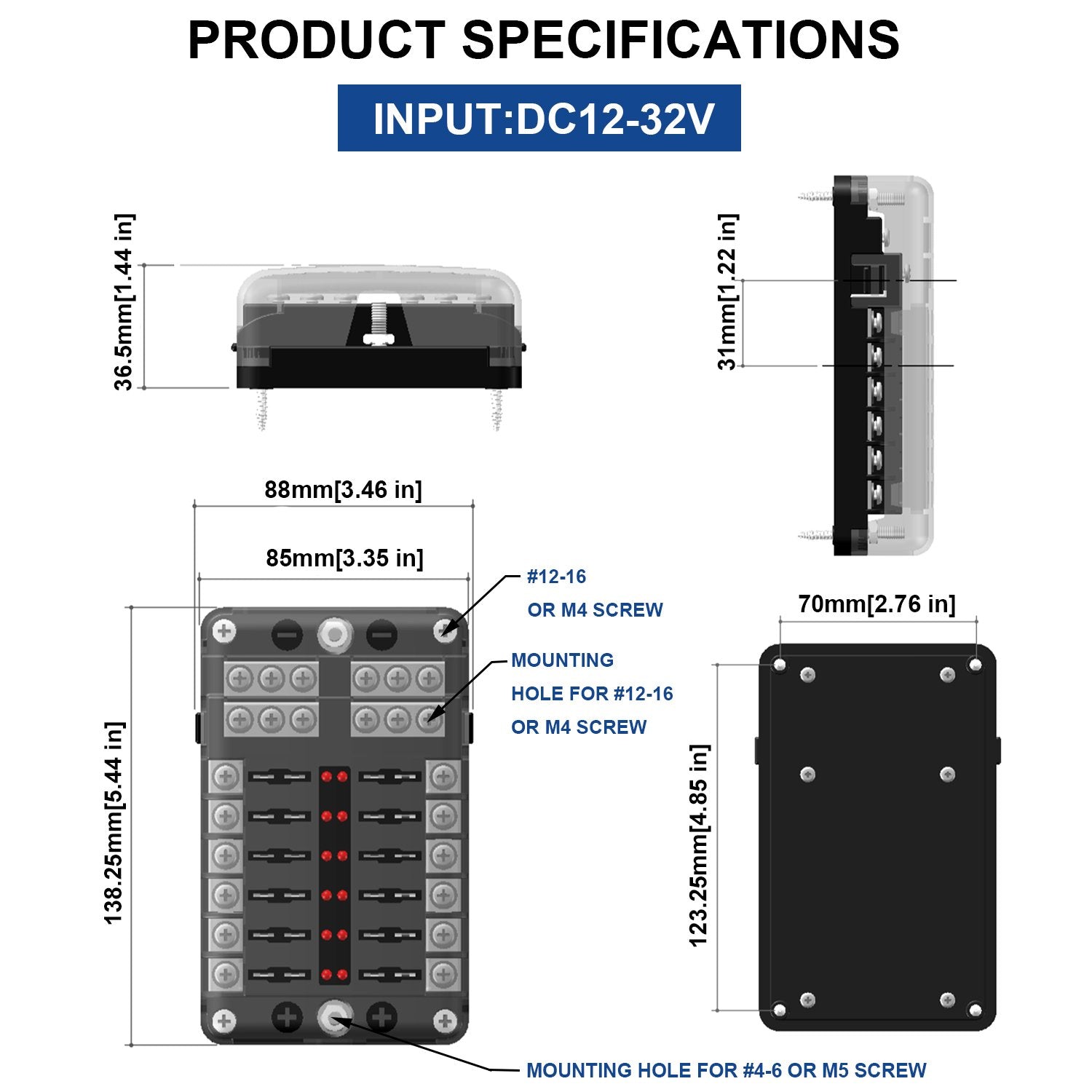 BlueFire 12 Way Blade Fuse Box Holder with LED Indication, PBT Material - Standard Circuit Fuse Block for Car, Boat, Truck, RV