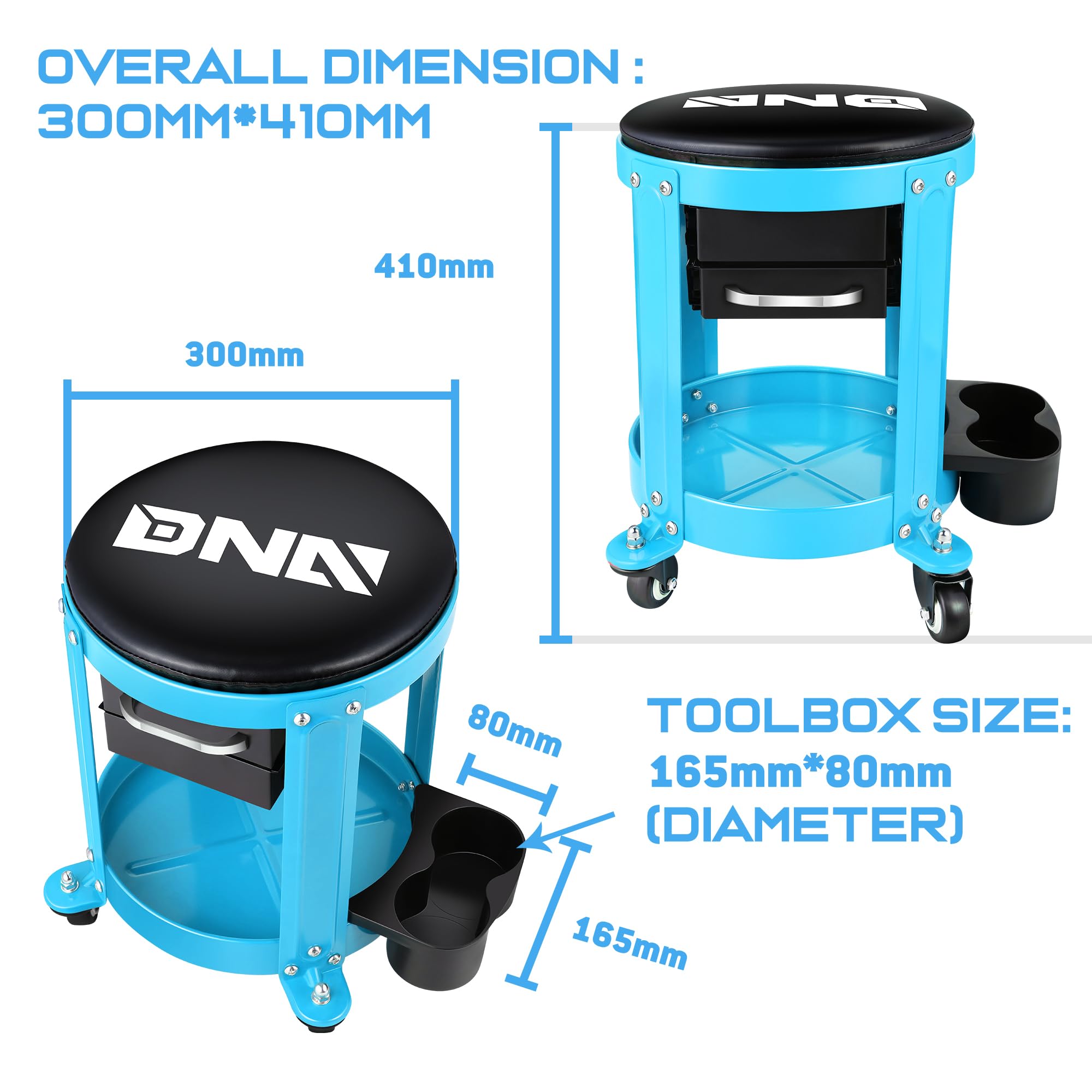 Dna Motoring Round Mechanics Roller Seat Creeper Stool With Padded Cushion, Tool Storage Drawer & Tray, 300 Lbs Max Weight Capac