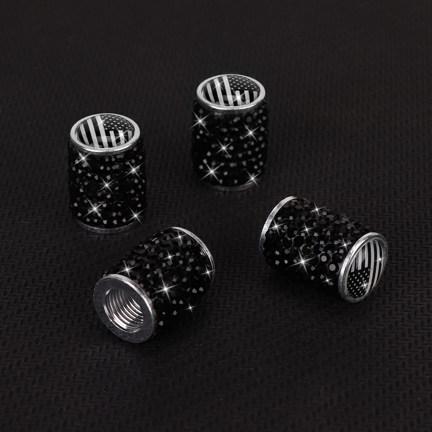 ToBeQueen Bling Black Flag Valve Stem Covers - 4 Pack Crystal Rhinestone Tire Caps for Car/SUV/Motorcycle/Bike - Black American Flag