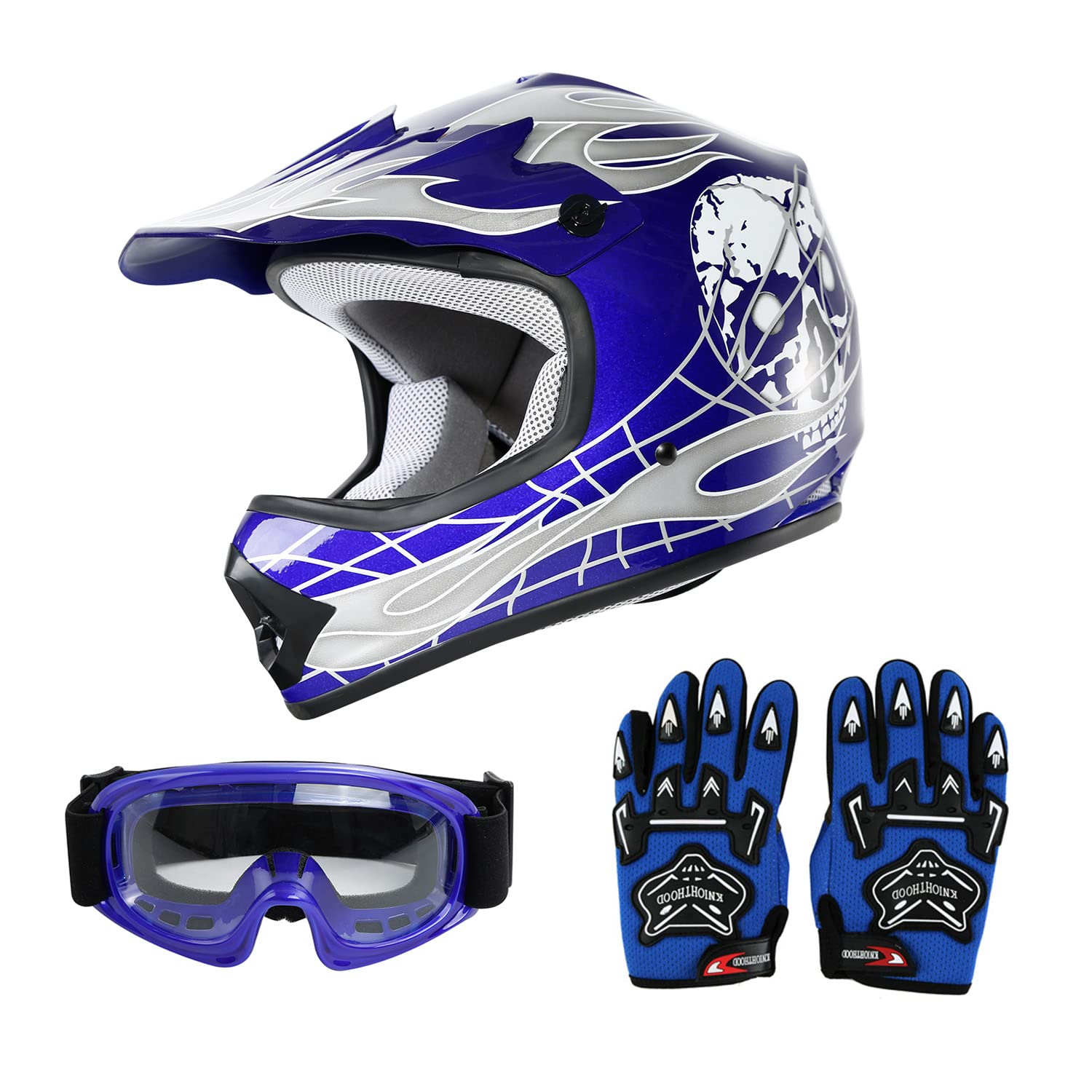 Slmoto Dot Youth Kids Helmet Motocross Offroad Street Helmet Motorcycle Helmet Dirt Bike Motocross Atv Blue Skull Design Helmet+Goggles+Gloves