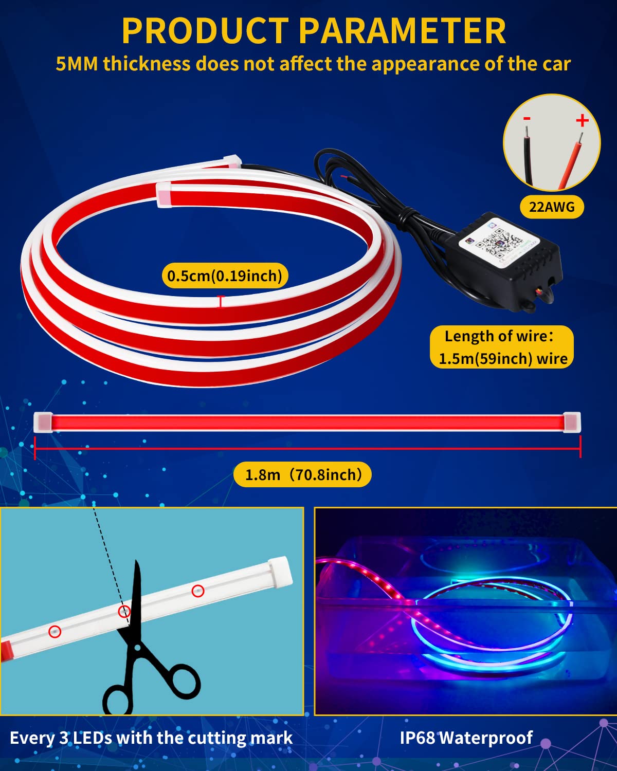 Duofu365 Exterior Car Led Hood Light Strip,Rgb Multicolor Dynamic Scan Start Up Hoodbeam Kit With App & Remote Control,70 Inch 1