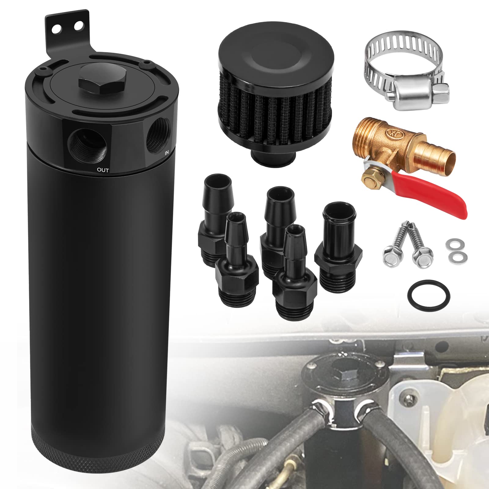 Temsone Universal 2 Port Aluminum 750Ml Baffled Oil Catch Can Reservoir Tank With Breather Filter And Drain Valve