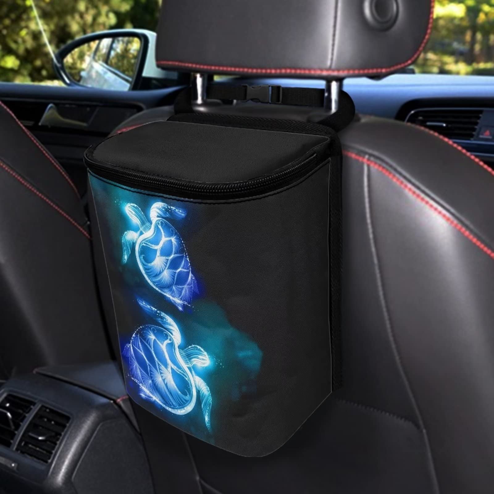 Talayituse Sea Turtle Print Car Trash Can, Portable Auto Garbage Bin Multifunctional Vehicle Interior Accessories with Adjustabl
