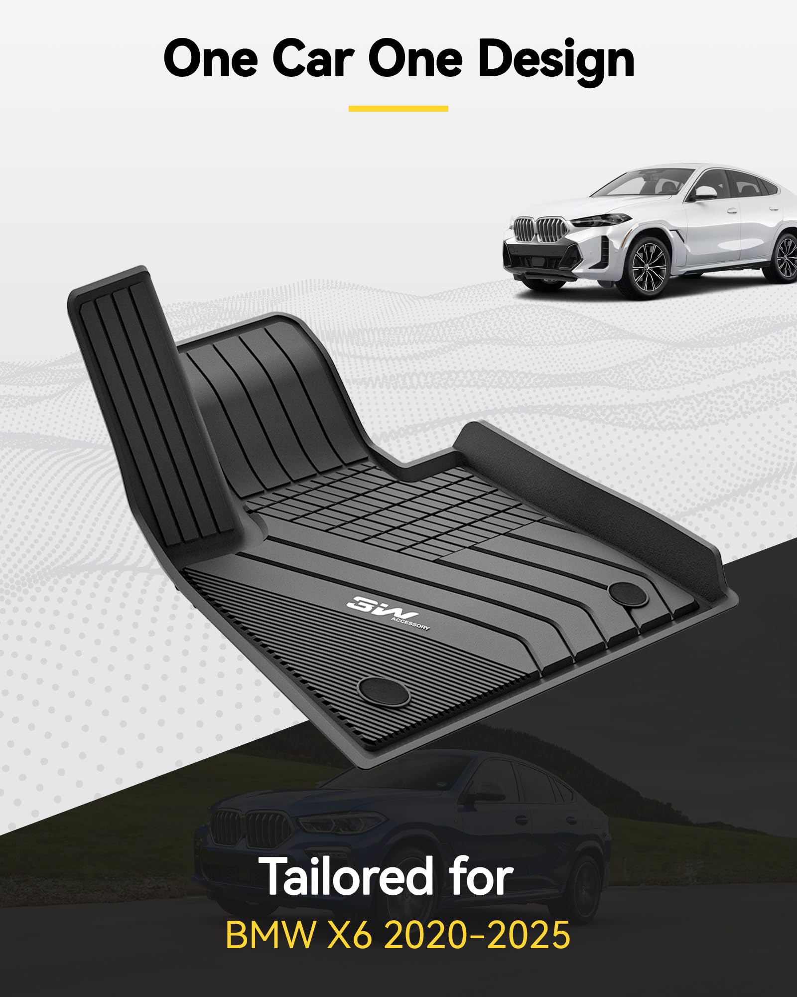 3W BMW X6 All-Weather Floor Mats, TPE, Black, Custom Fit for 2020-2025 G06, 1st & 2nd Row Full Set