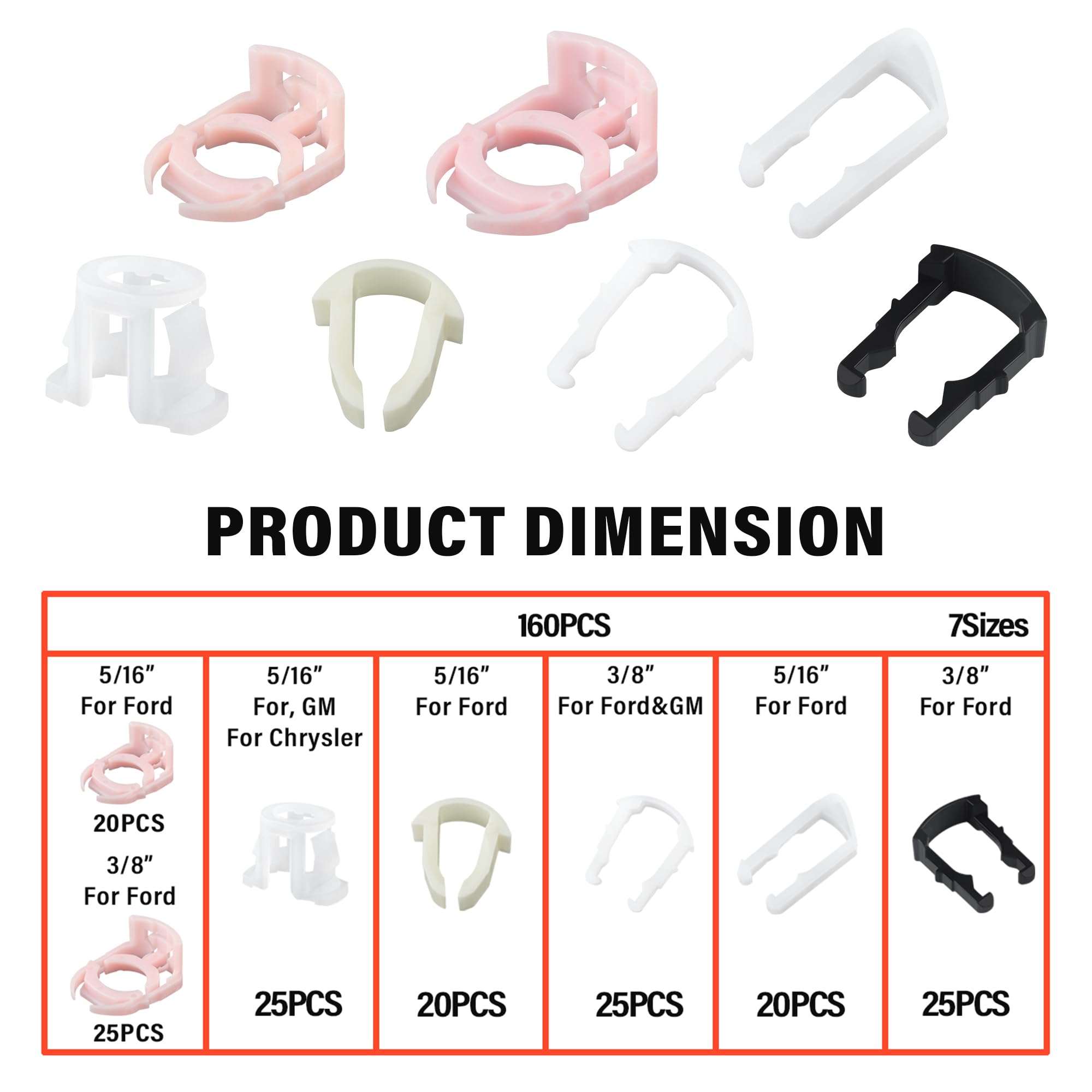 160Pcs Car Fuel Line Clips,7 Size Nylon Fuel Line Repair Kit Replacement 3/8 '' & 5/16 '' Fuel Line Clamp,Durable Fuel Hose Reta