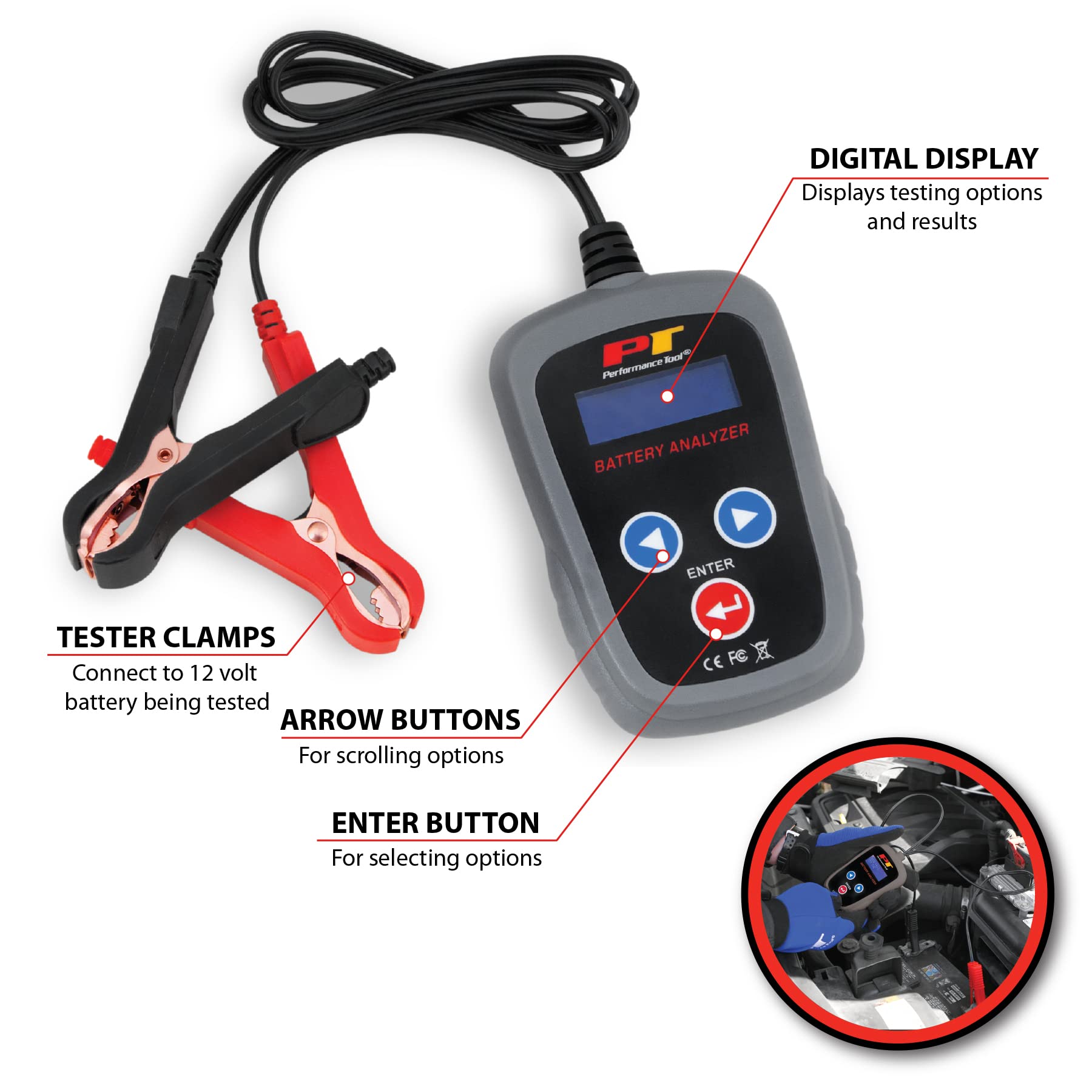 Performance Tool W2998 Digital 12 Volt Portable Battery Analyzer (200-1200 Battery Types: La, Agm, And Vrla), 1 Pack Black