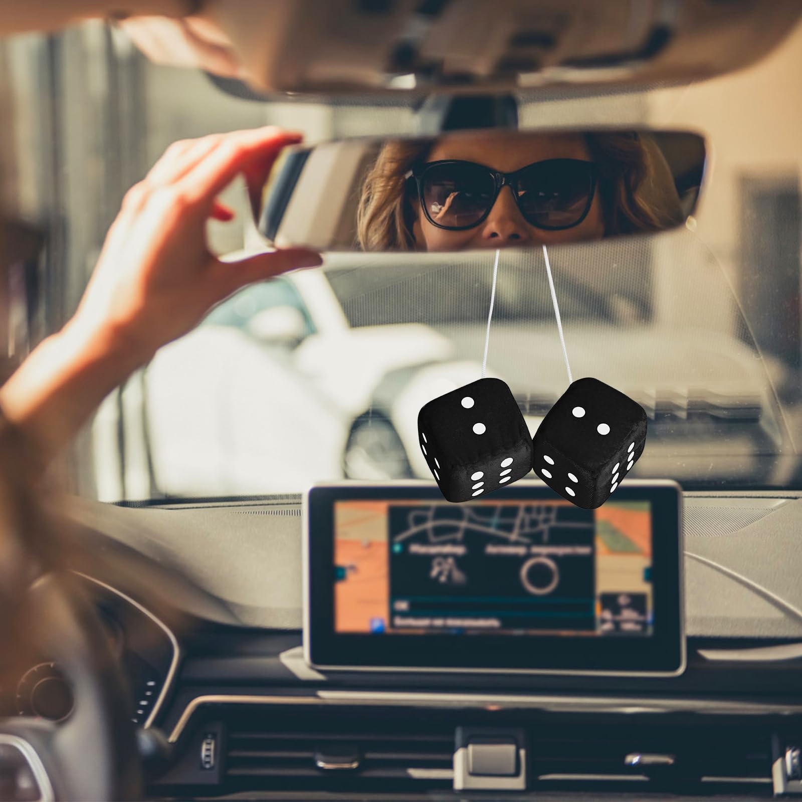 Fuzzy Dice For Rear View Mirror, Black Fuzzy Dice For Car Mirror, 2.75Inch Pair Of Plush Retro Square Hanging Dice With White Do