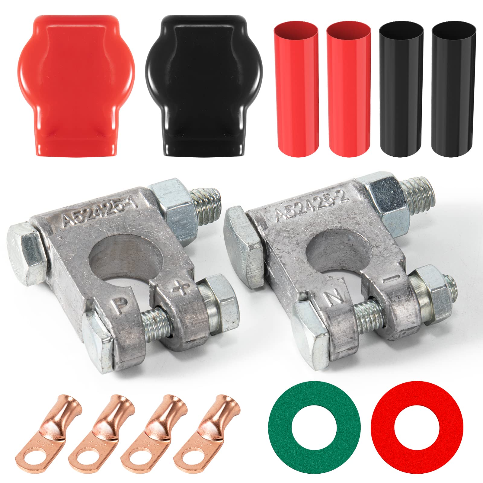 Battery Terminal Connectors, Military Spec Positive Negative Heavy Duty Battery Terminals with Cover, Copper Lugs, Heatshrink, A