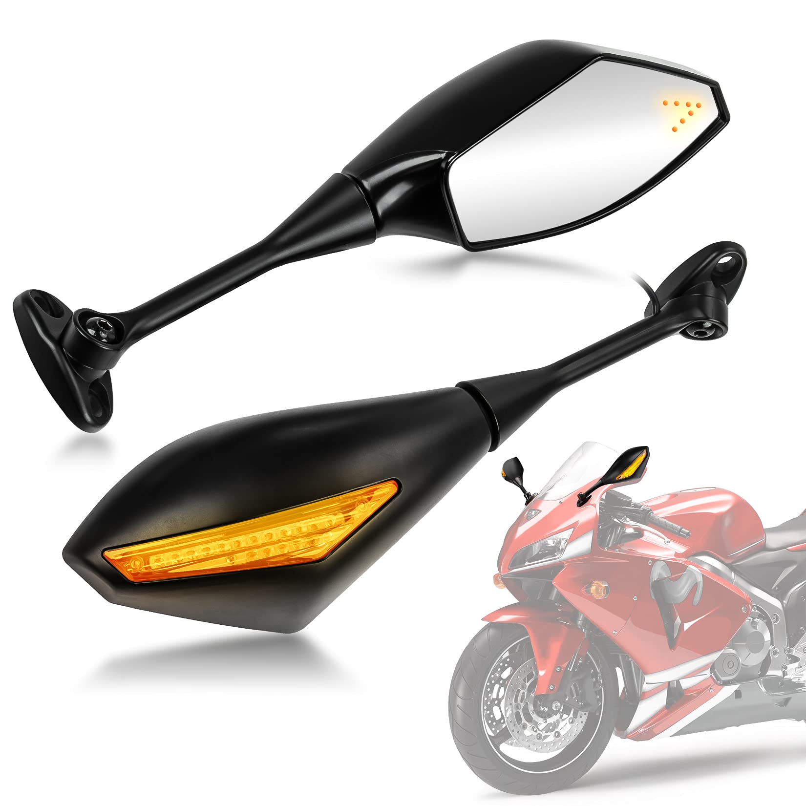 PSLER Motorcycle Rear View Mirrors with LED Light for CBR600RR F4 F4I and for most Sport Bike Rear Mirror Replacement (Matte Bla