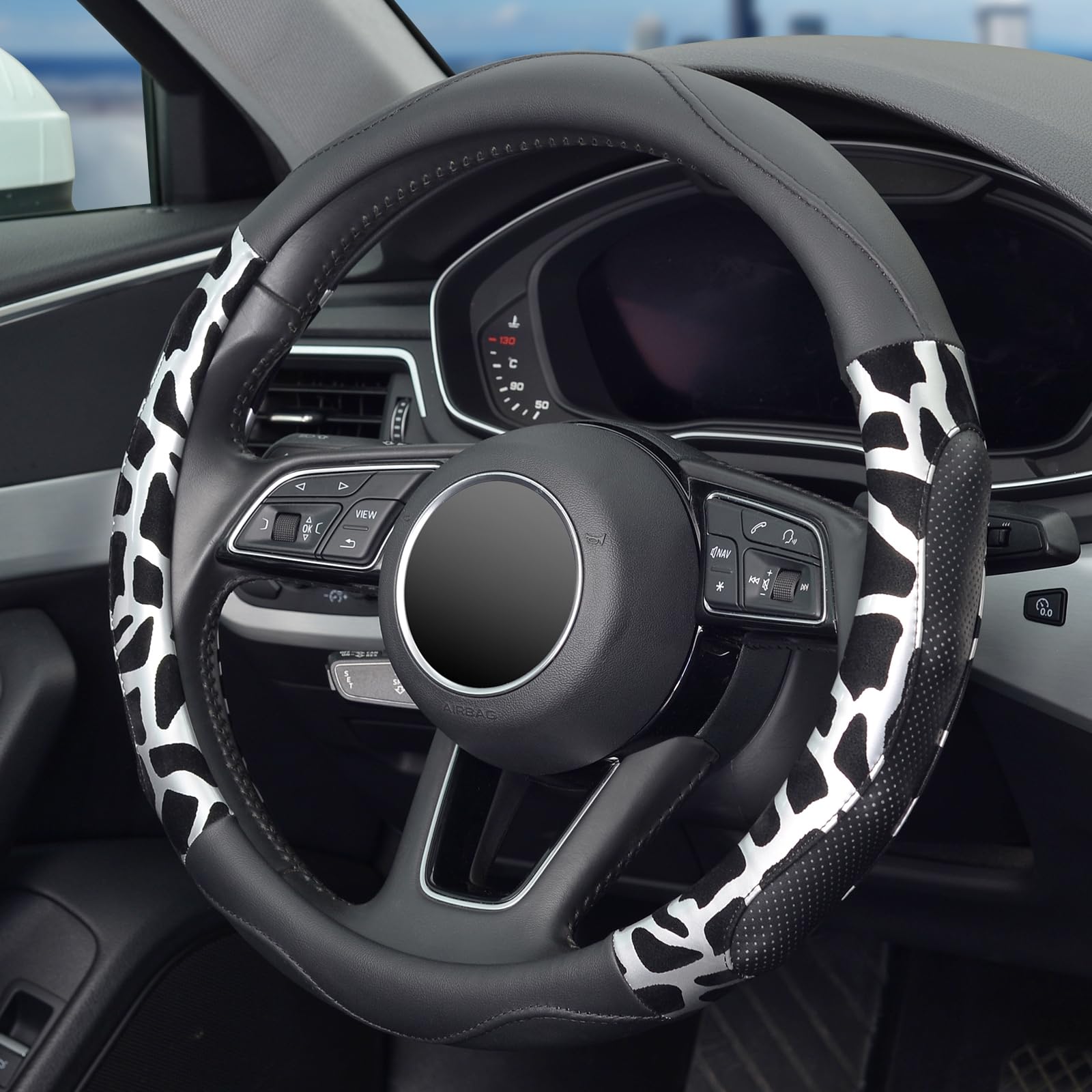 Zhol Car Steering Wheel Cover, Universal 15 Inch Breathable Microfiber Leather Steering Wheel Protector, Anti Slip Car Interior
