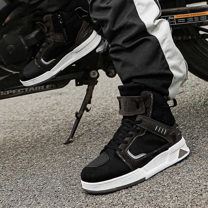 Bofucn Motorcycle Leather Boots, Anti-Slip Side Zipper, Black/Grey, Men's 9/Women's 10, Model JGL-222