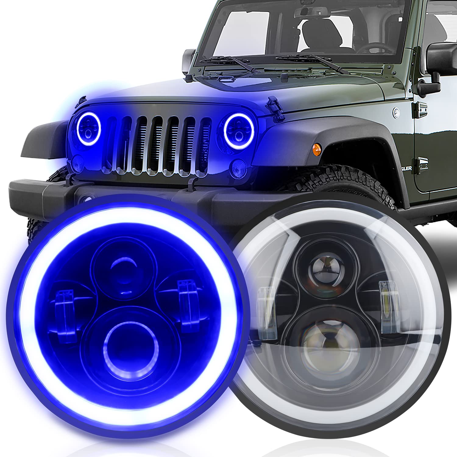 Kaslight 7 Inch Led Headlights, H6024 Led Headlight Blue Halo Amber 7'' Round Headlights High Low Sealed Beam Headlamps H4-H13 A