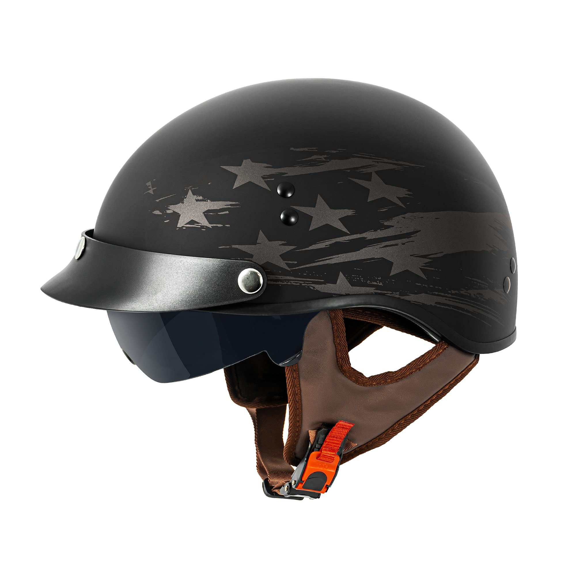 VCAN Cruiser Solid Flat Black Half Face Motorcycle Helmet with Drop-Down Sun Visor, Removable Peak and Quick Release Buckle (Sta