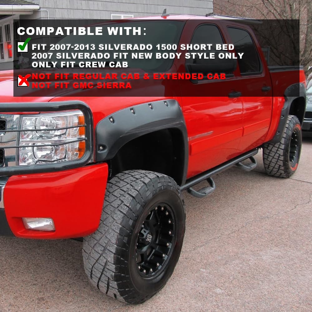 G-PLUS Textured Pocket Riveted Fender Flares, Compatible with Chevy Silverado 1500 2007-2013, [Only Fit 5.8' Short Bed Crew Cab(