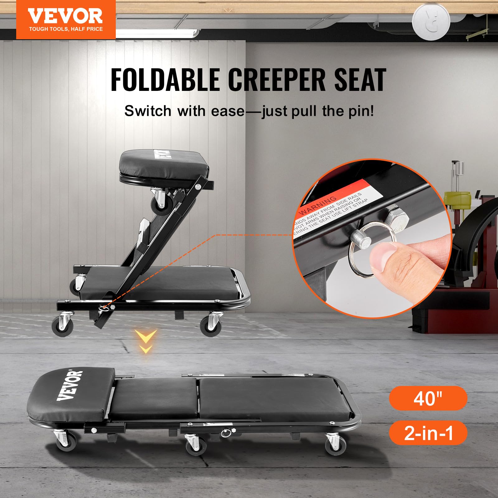 VEVOR Foldable Z Garage Creeper Stool, 450 lbs Capacity, 40 in, Black, with 6 Wheels, Padded Seat, Steel Frame for Home & Shop