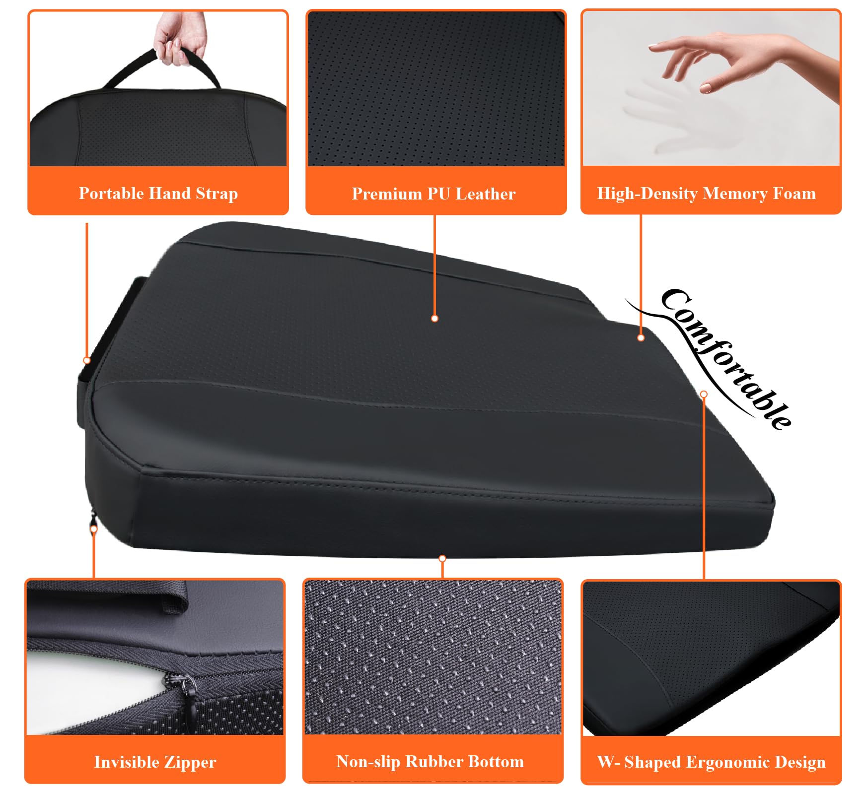 kingphenix Premium Memory Foam Car Seat Cushion, Classic Black, 18"x17"x2.5", Coccyx & Back Pain Relief for Car & Office